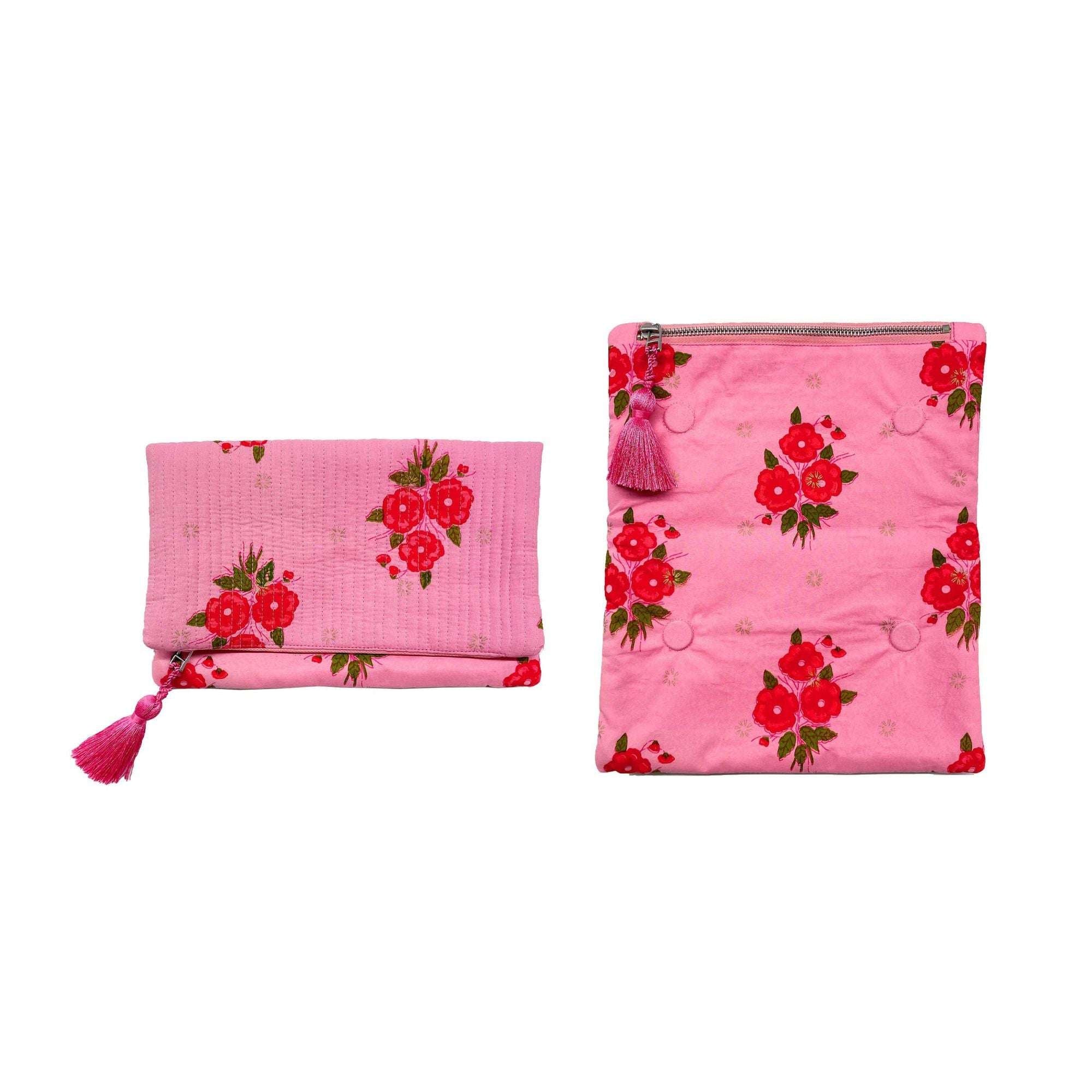 Foldover Clutch/ Travel Jewelry Organizer- Quilted Pink Floral - Quilted Koala