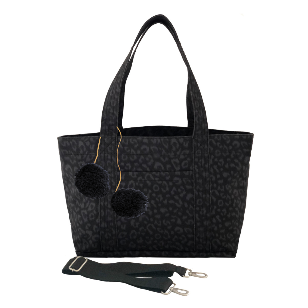 Midi Zipper Tote: Black Leopard Coated Canvas with Black Pom Poms - Quilted Koala