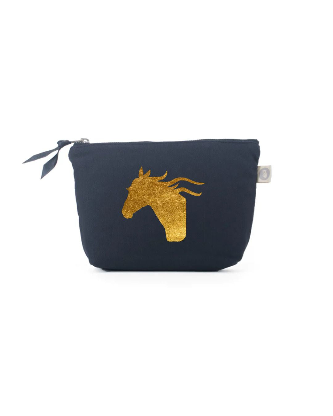 Gold Ride Jump Repeat horseshoe graphic on navy Quilted Koala makeup bag