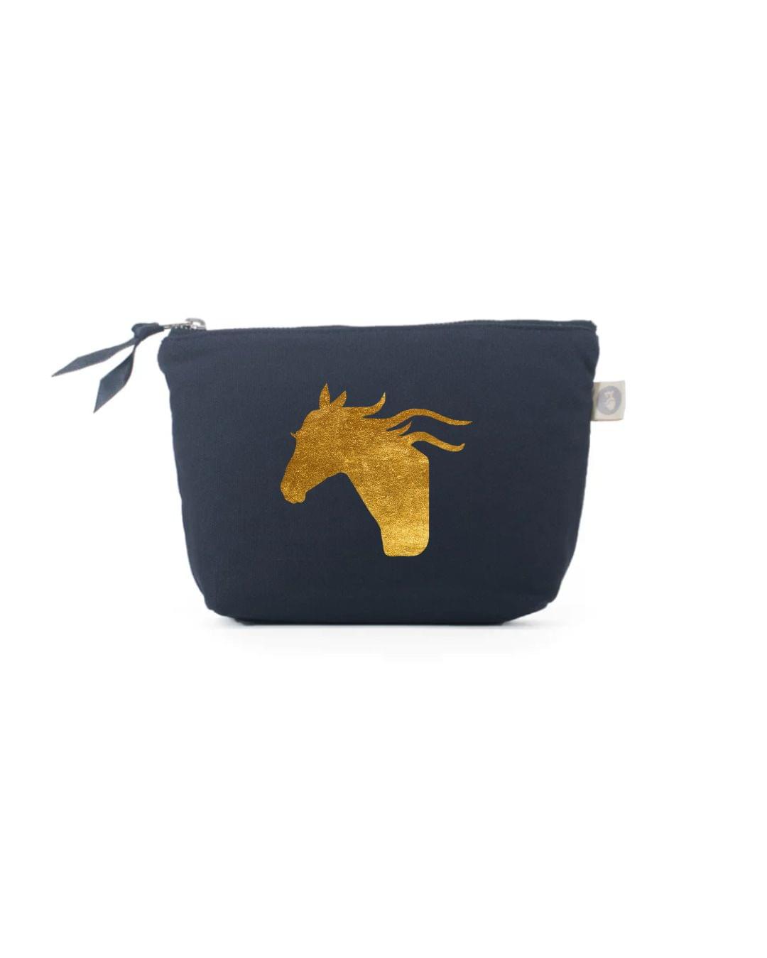 Gold Horse Head Navy Makeup Bag - Quilted Koala