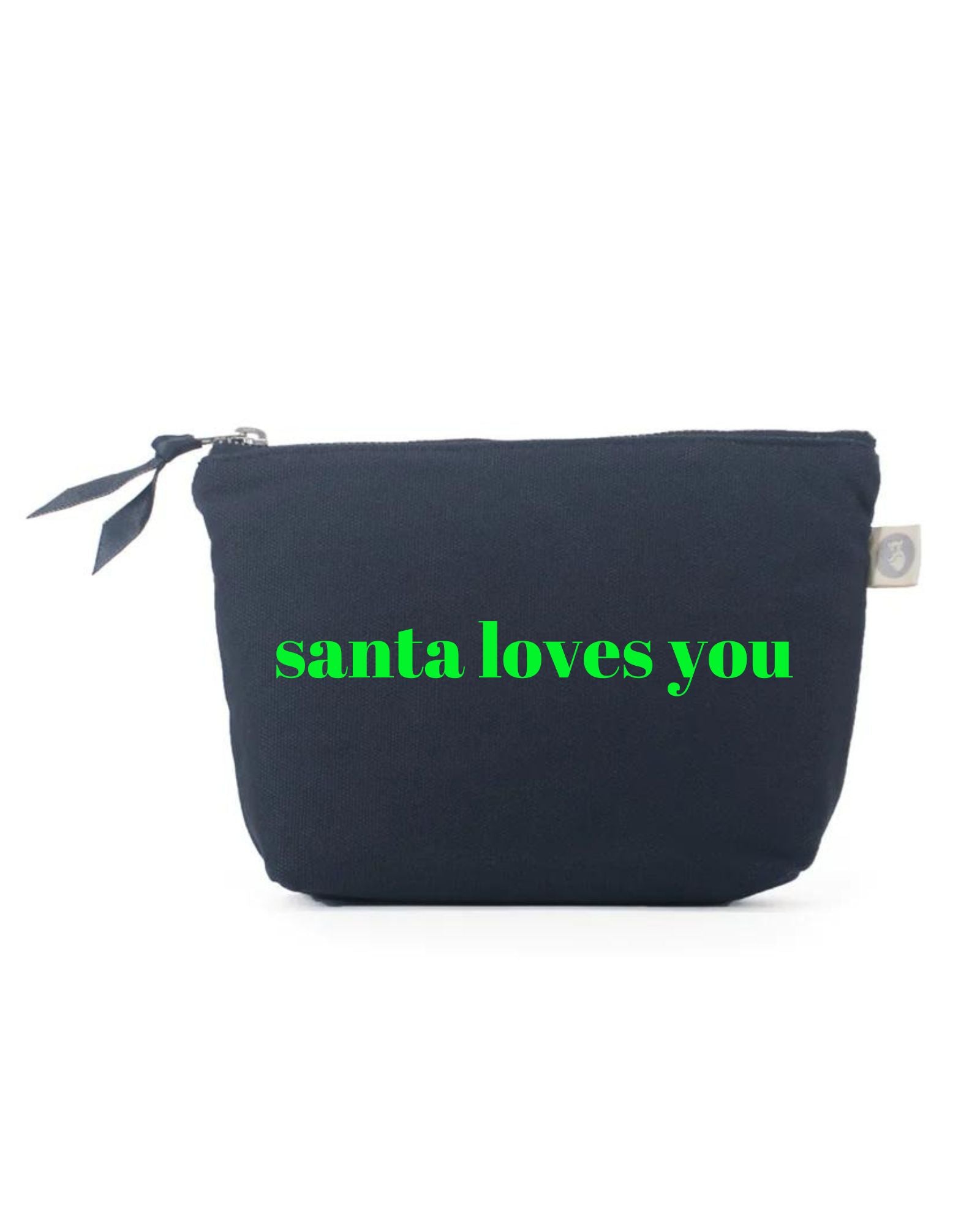 SANTA LOVES YOU Makeup Bag- Navy with Neon Green - Quilted Koala