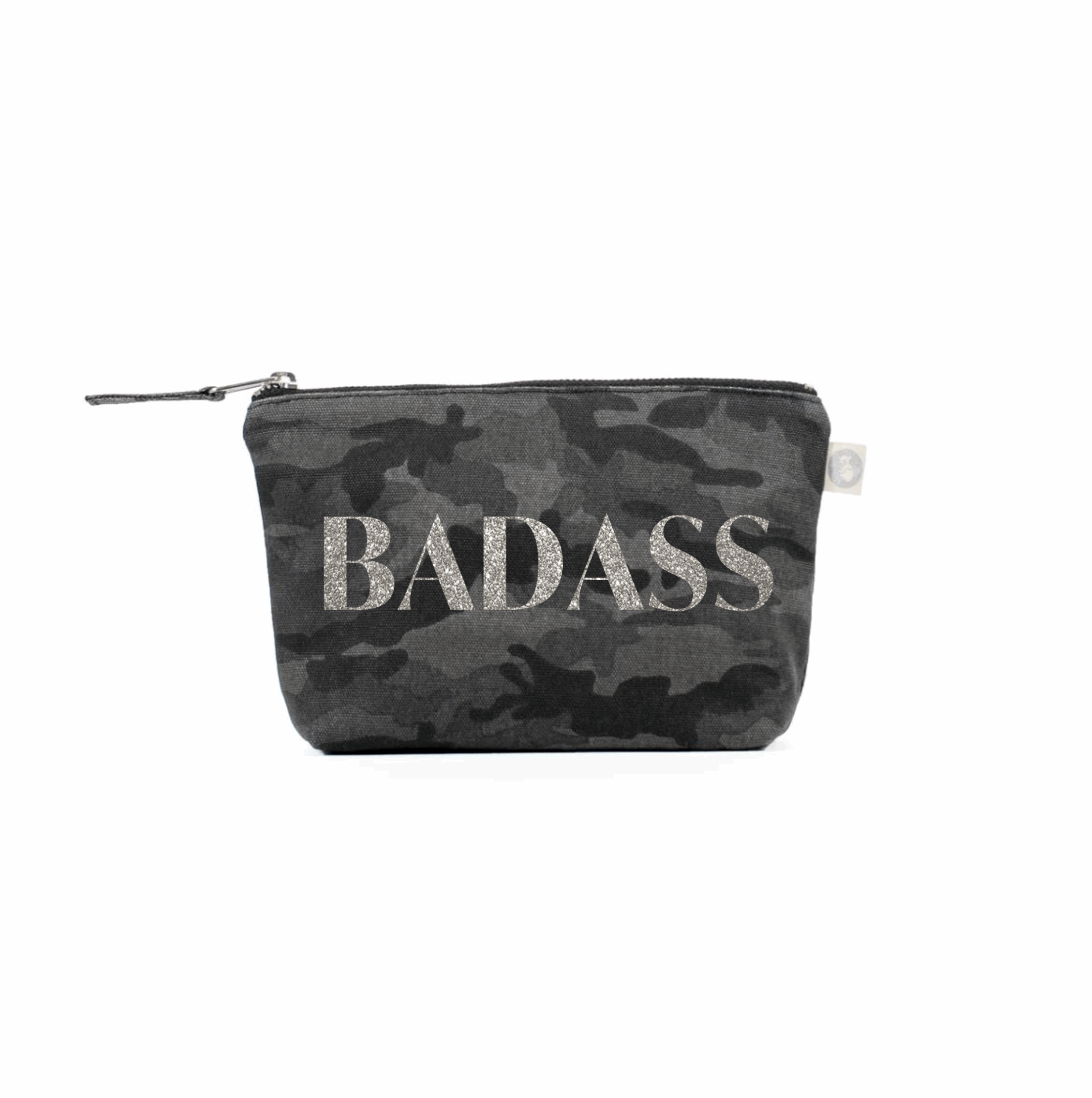 BADASS Makeup Bag- Silver Glitter on Black Camo - Quilted Koala