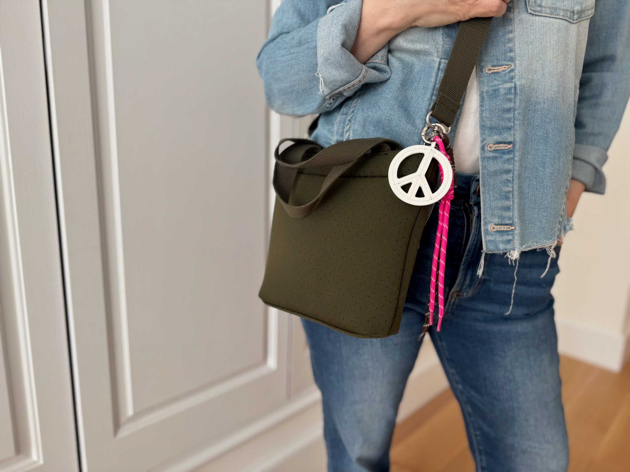 Olive Neoprene Midi Town Bag with Peace Sign Paracord Charm - Quilted Koala