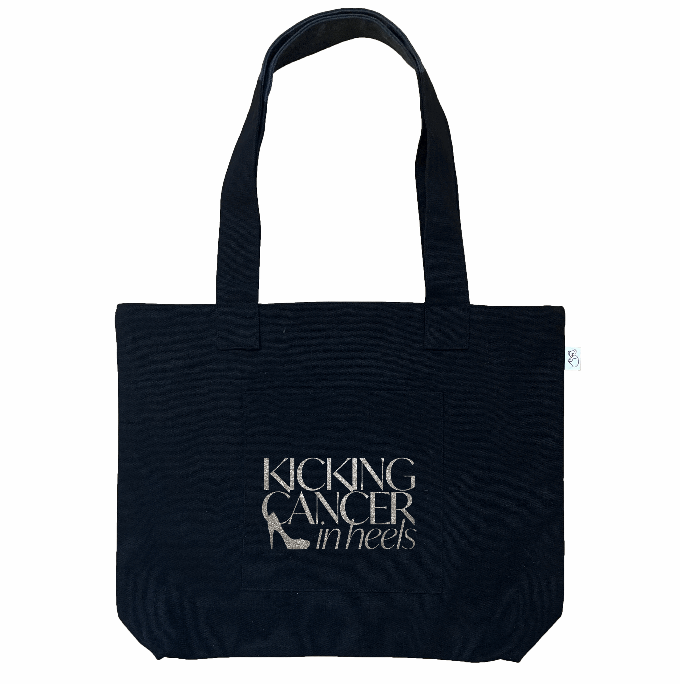 Kicking Cancer in Heels Midi Everything Bag- Silver Glitter on Black - Quilted Koala