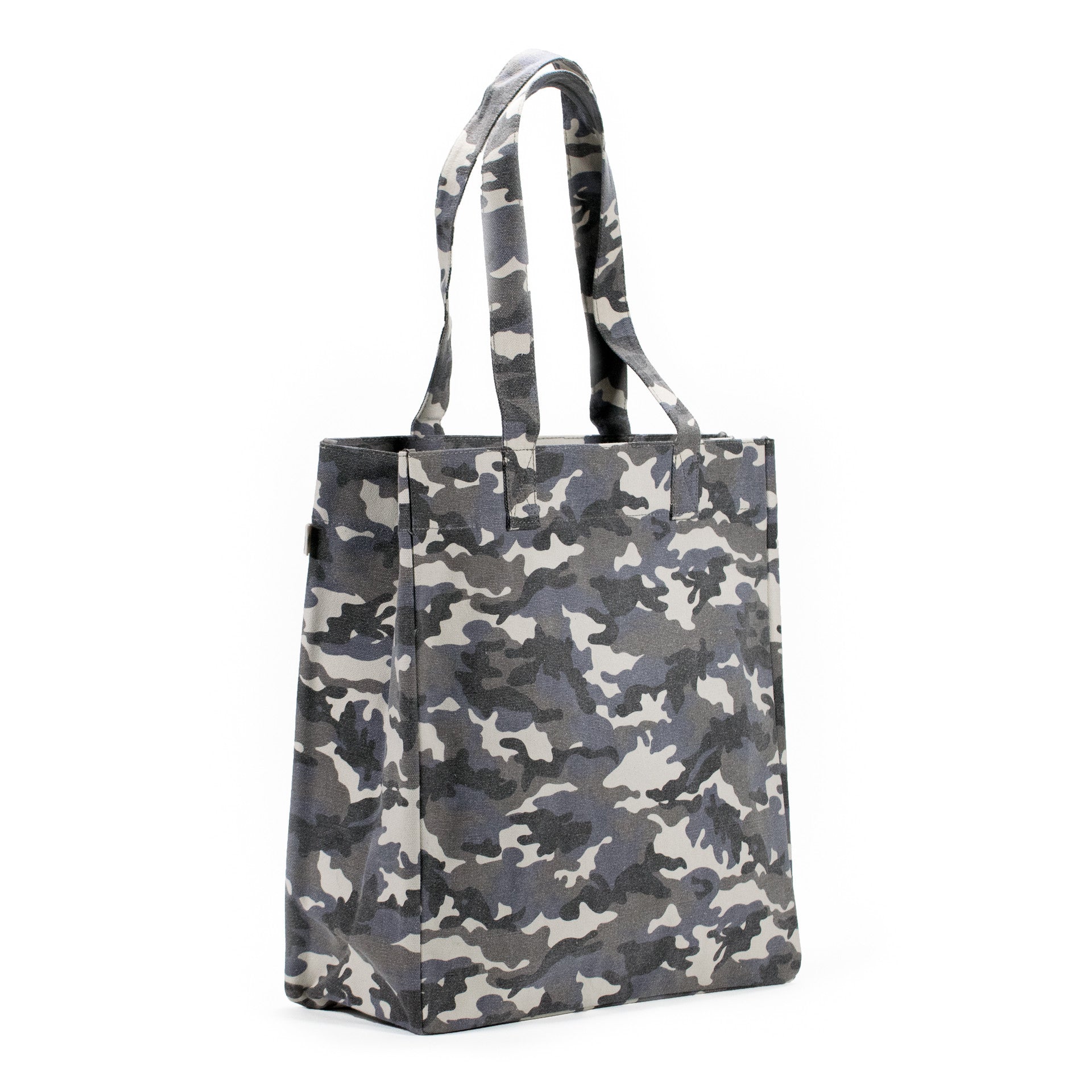 Upright Bag: Grey Camouflage with Light Blue Pom Poms - Quilted Koala