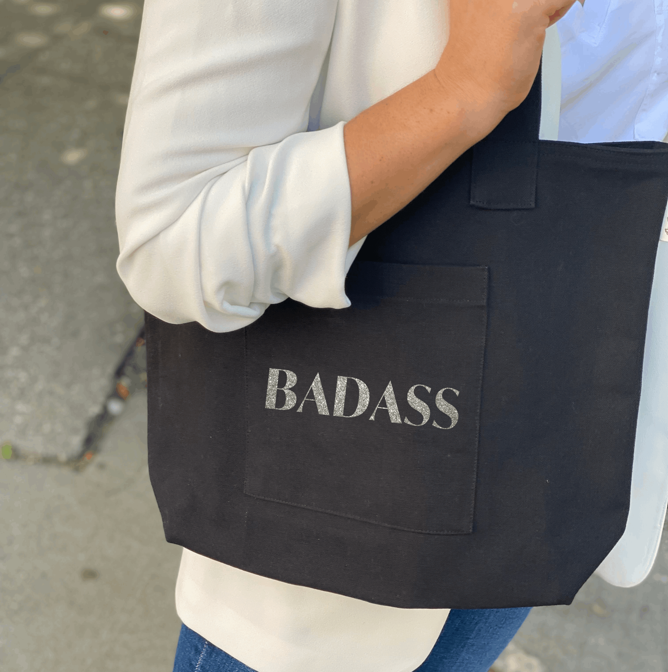 BADASS Midi Everything Bag- Silver Glitter on Black - Quilted Koala