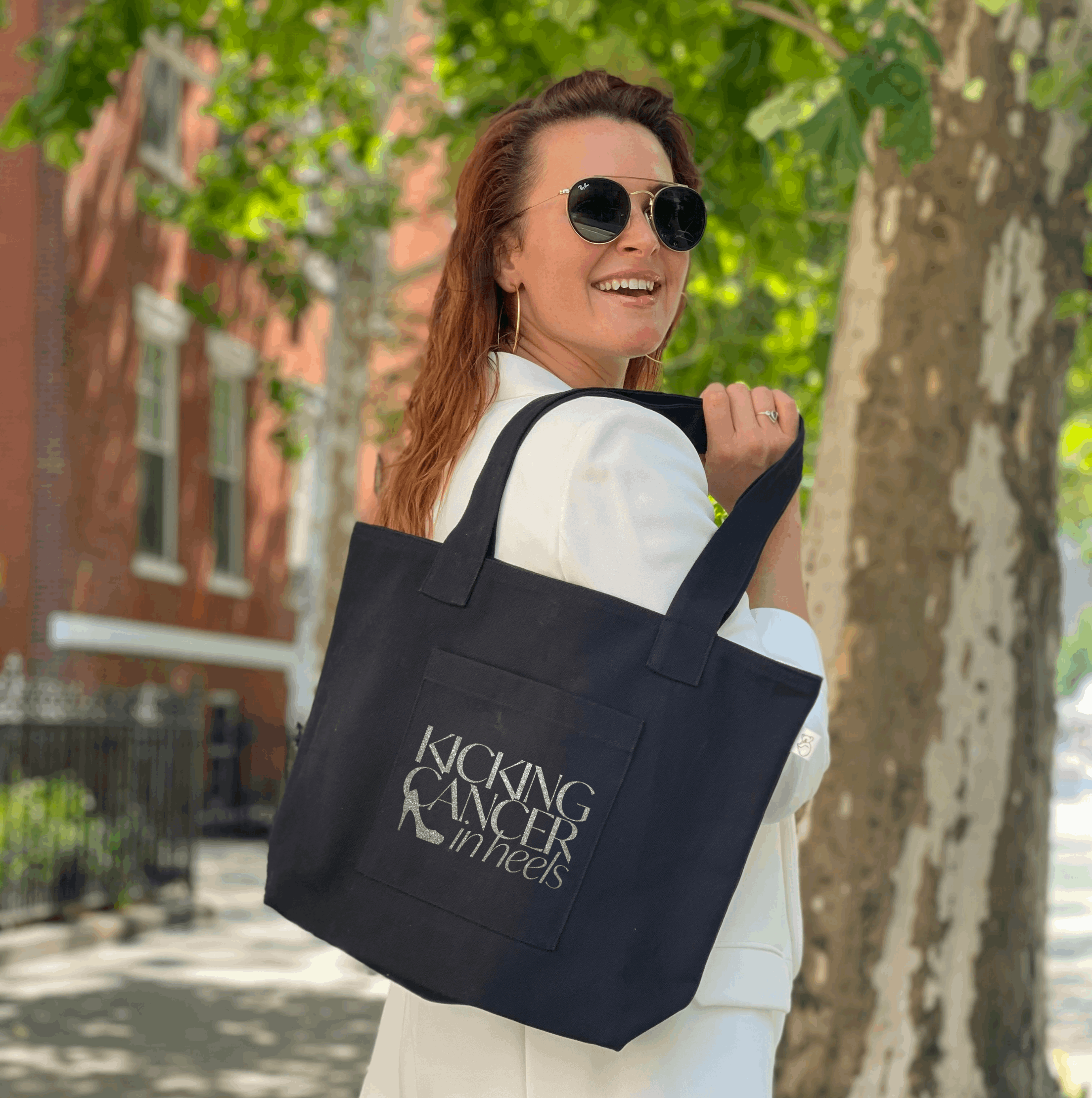 Kicking Cancer in Heels Midi Everything Bag- Silver Glitter on Black - Quilted Koala