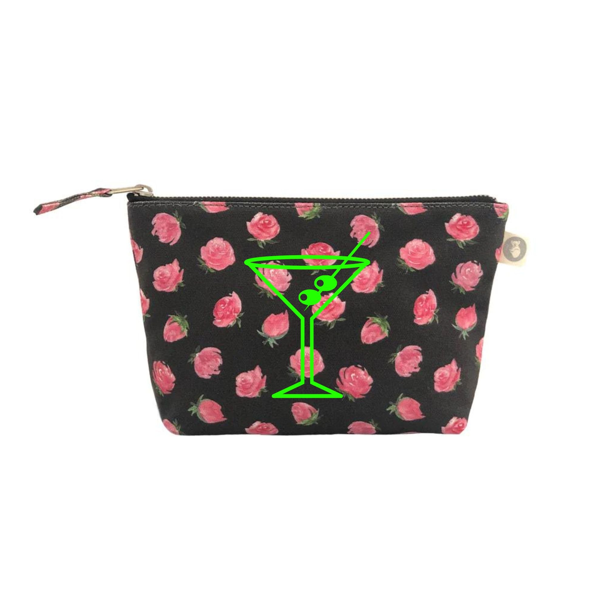 Black Floral Makeup Bag- Neon Green Martini - Quilted Koala