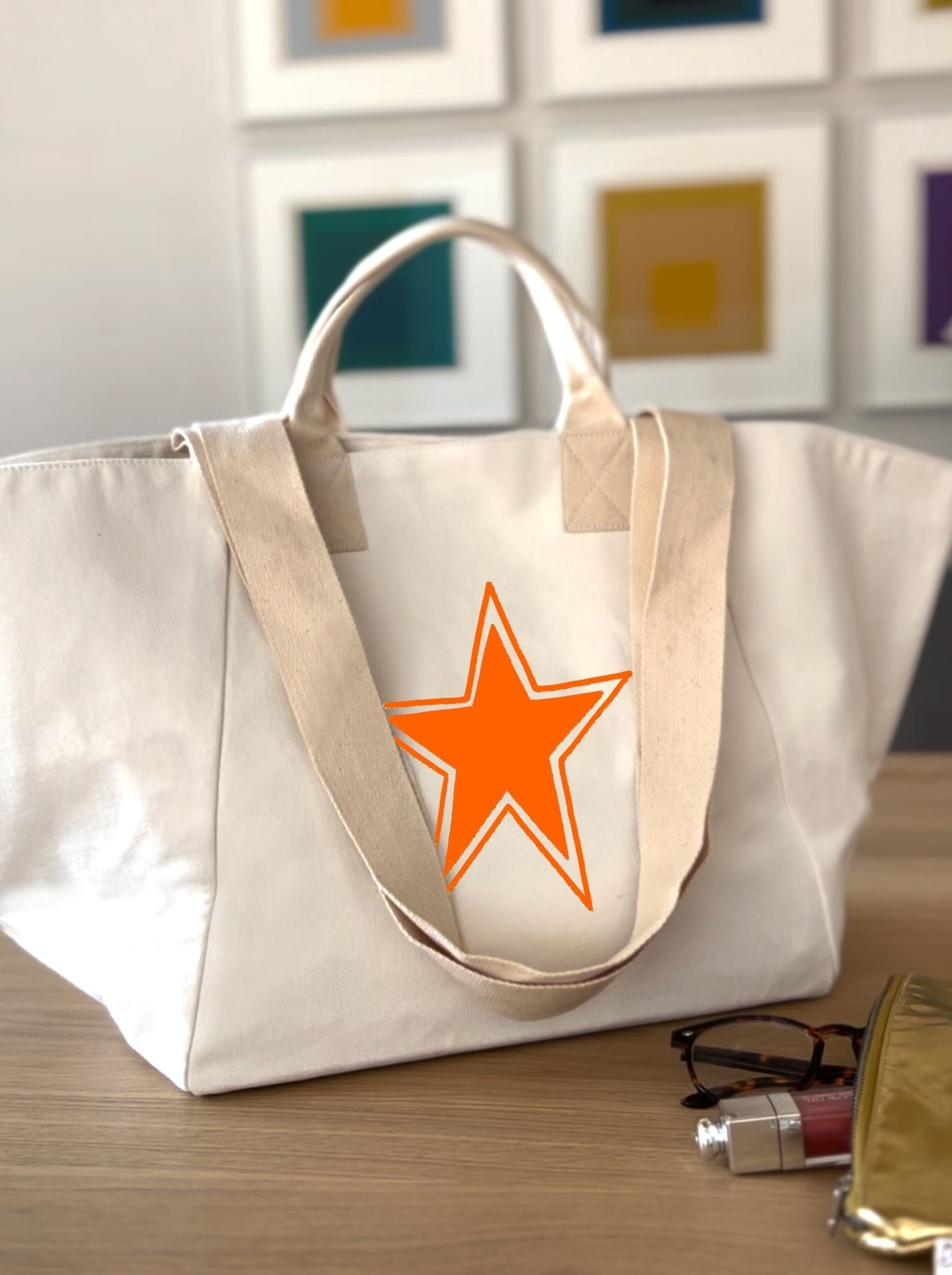 Natural Chelsea Bag with Neon Orange Star - Quilted Koala