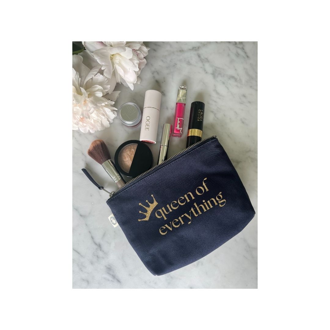 QUEEN OF EVERYTHING Makeup Bag- Navy with Gold Glitter - Quilted Koala
