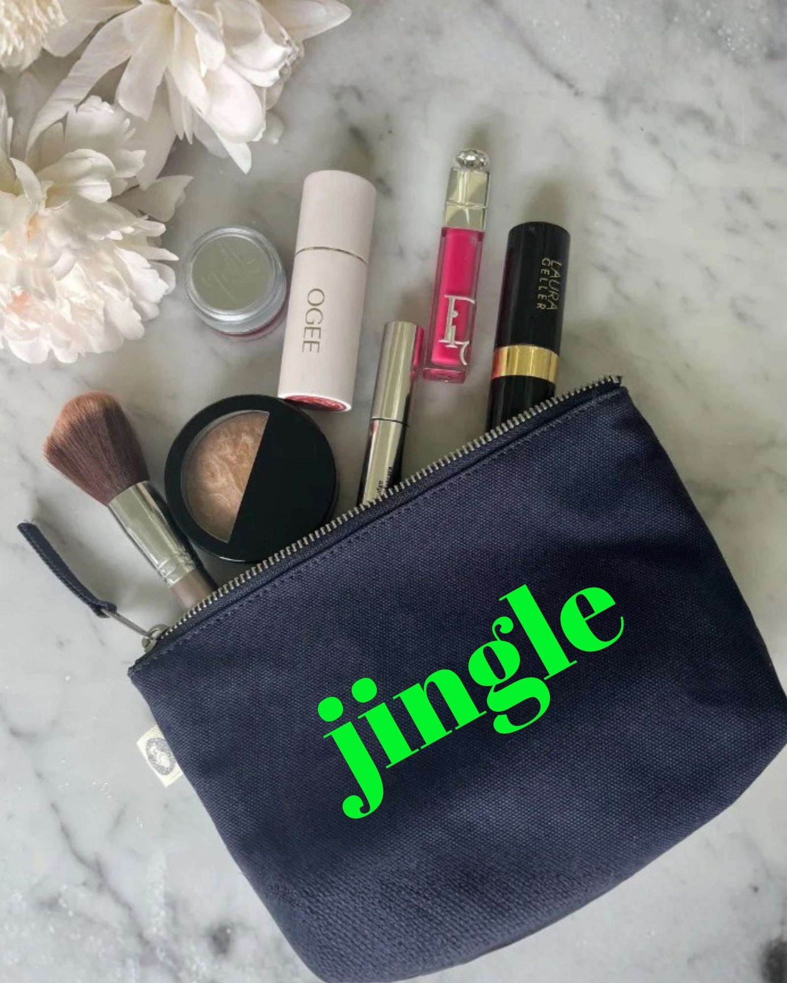 JINGLE Makeup Bag- Navy with Neon Green - Quilted Koala