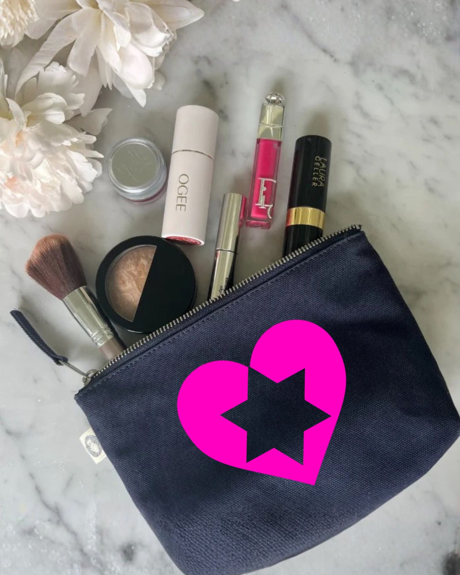 HEART STAR OF DAVID Makeup Bag- Navy with Neon Pink - Quilted Koala