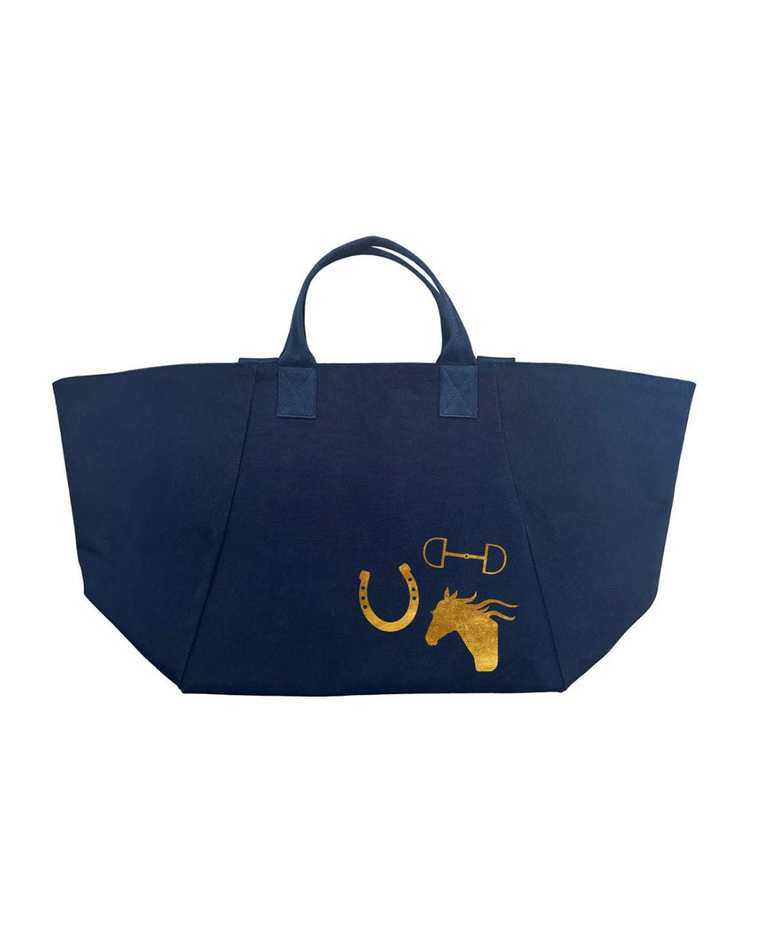 Gold equestrian bit, horseshoe, and horse head icons on navy Quilted Koala Chelsea Bag