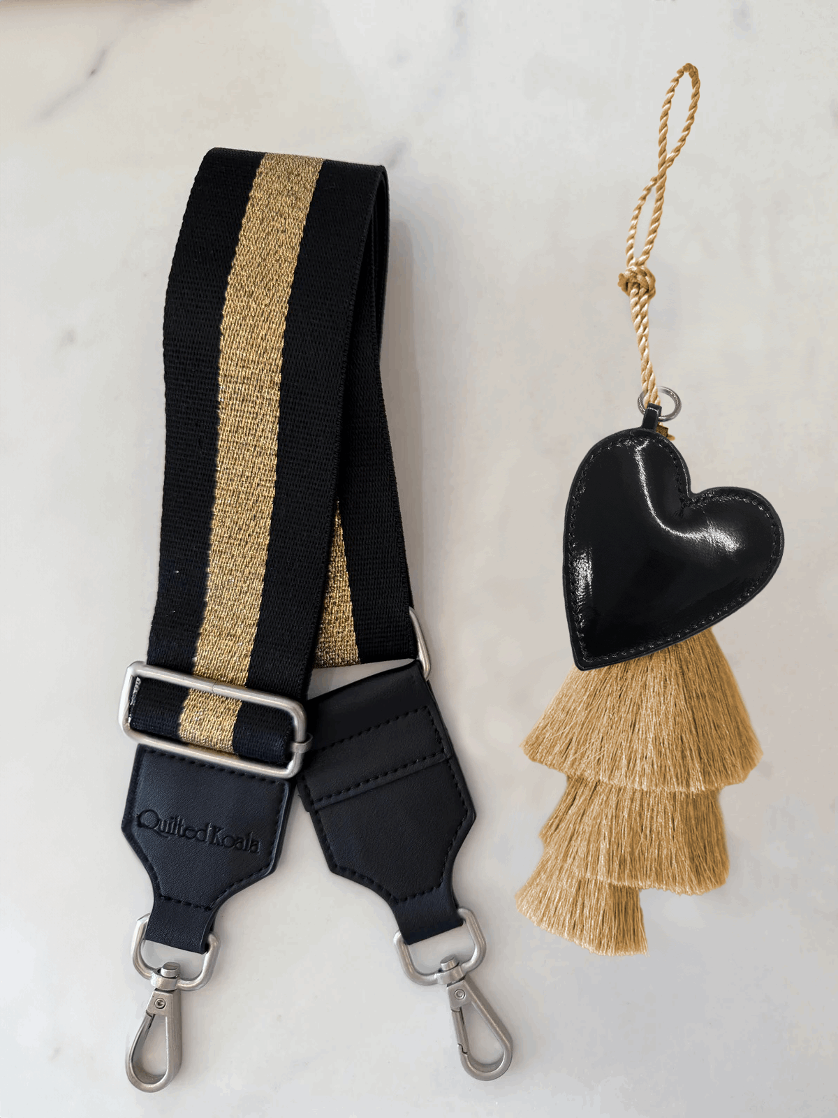 Accessory Bundle: Gold Tassel + Black Heart Charm + Black/Gold Stripe Strap - Quilted Koala