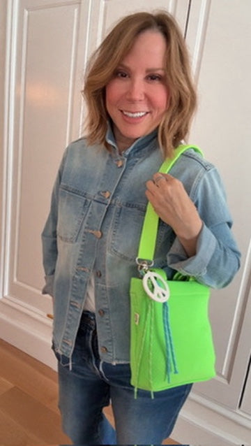 Neon Green Neoprene Midi Town Bag with Peace Sign Paracord Charm - Quilted Koala