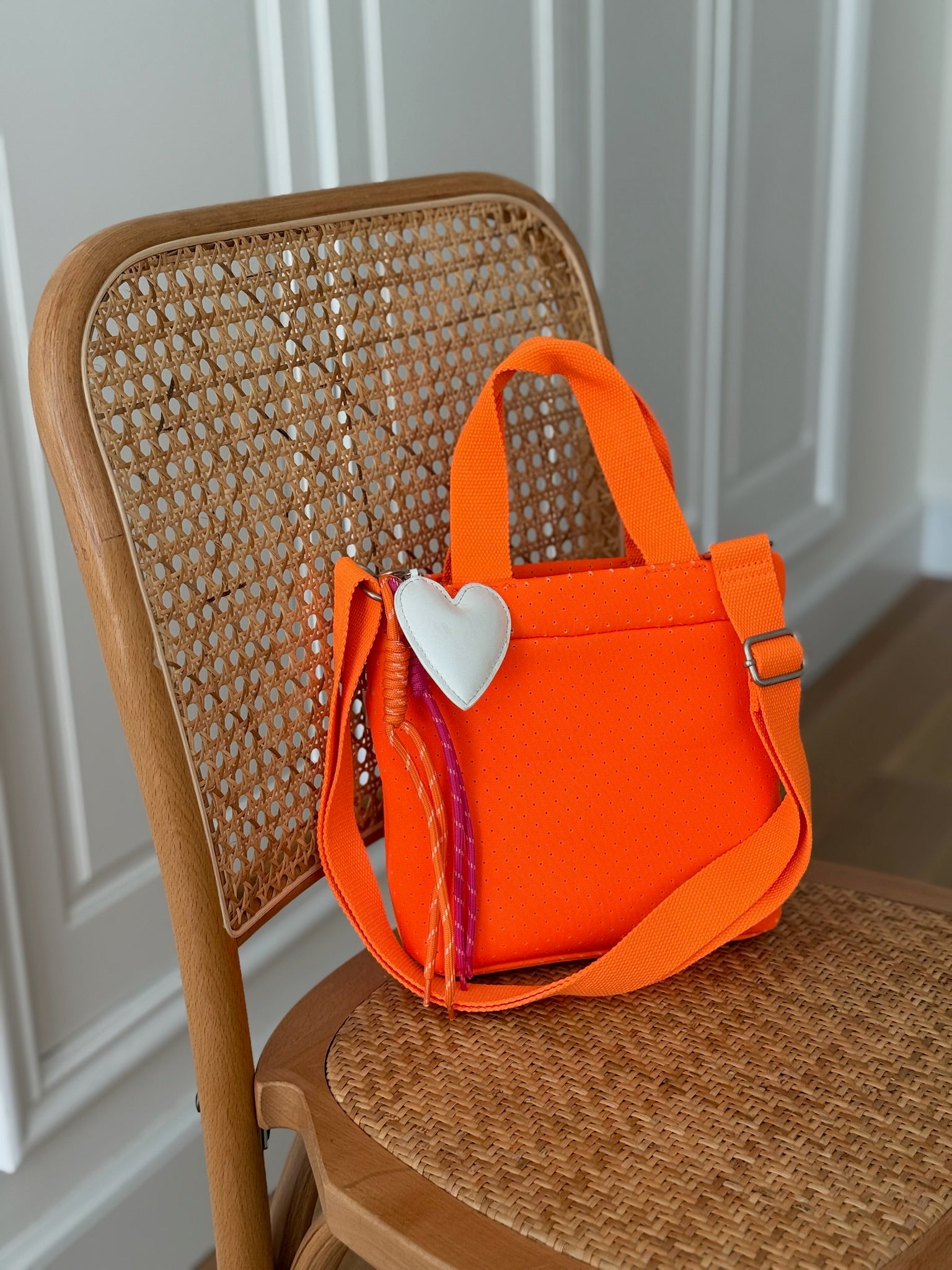 Neon Orange Neoprene Midi Town Bag with Heart Paracord Charm - Quilted Koala