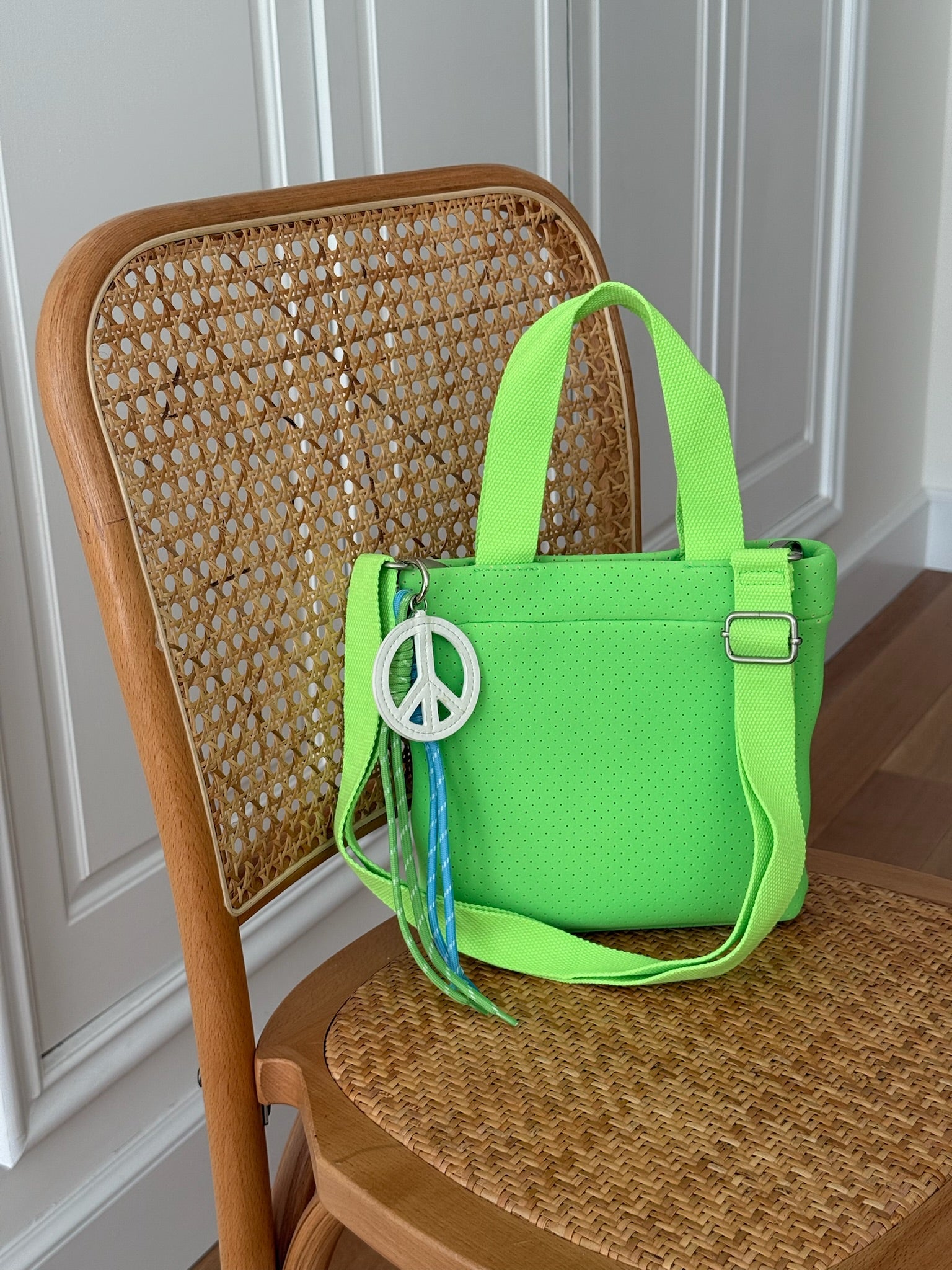 Neon Green Neoprene Midi Town Bag with Peace Sign Paracord Charm - Quilted Koala