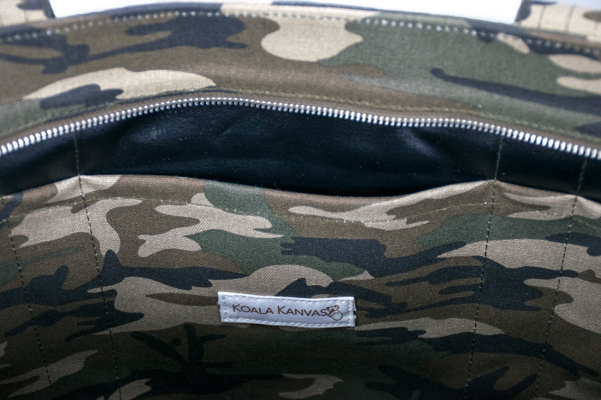 Large Zipper Tote Green Camo with Light Blue Pom Poms - Quilted Koala