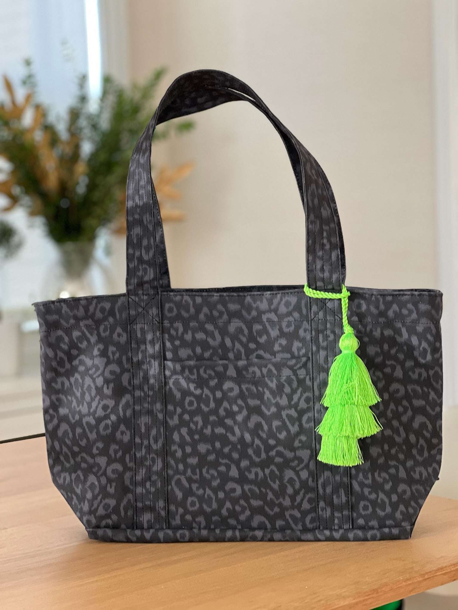 Black Leopard Midi Zipper Tote + FREE Neon Green Tassel - Quilted Koala