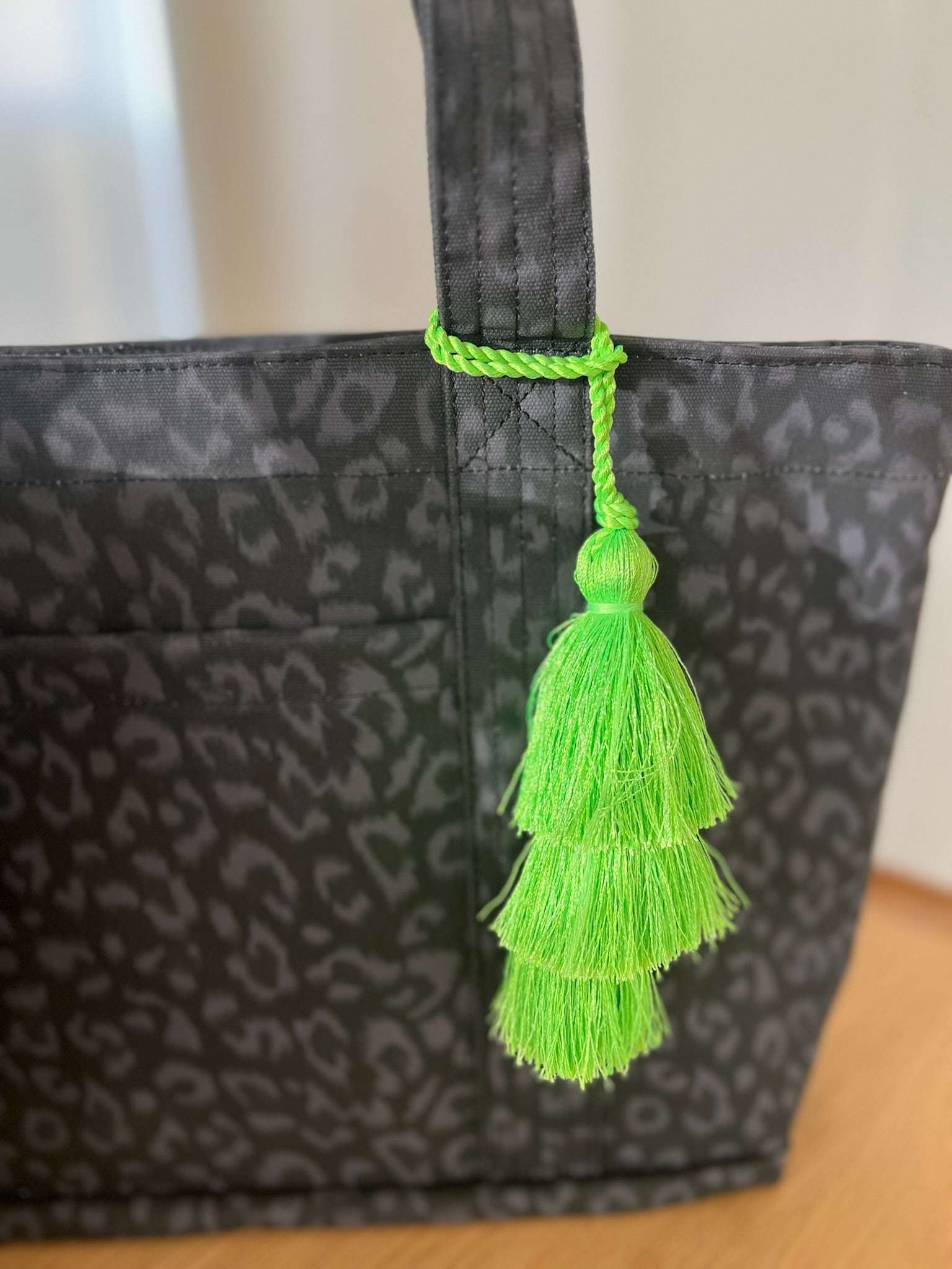 Black Leopard Midi Zipper Tote + FREE Neon Green Tassel - Quilted Koala