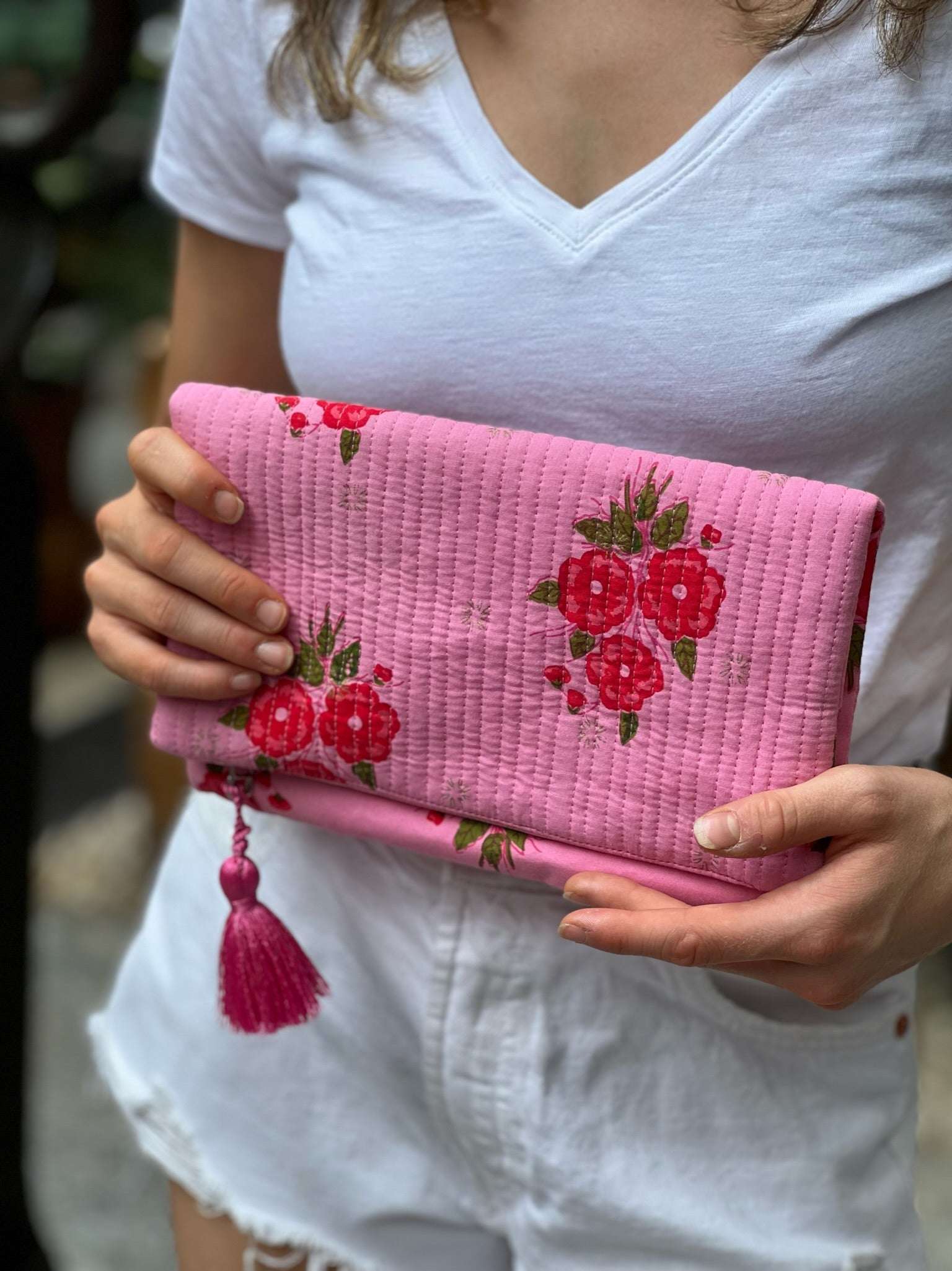 Foldover Clutch/ Travel Jewelry Organizer- Quilted Pink Floral - Quilted Koala