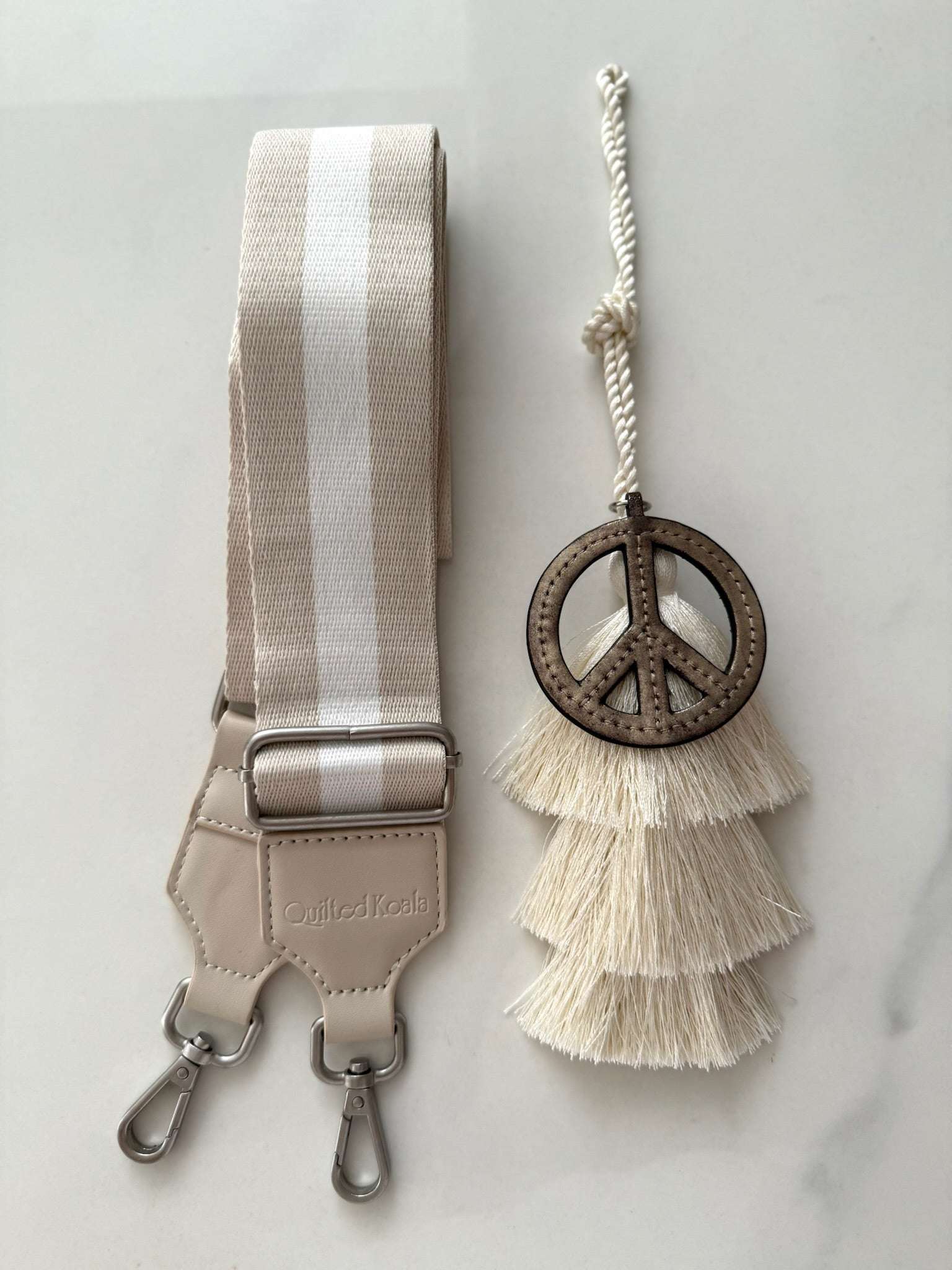Accessory Bundle: Natural Tassel + Gold Peace Charm + Tan/Cream Stripe Strap - Quilted Koala