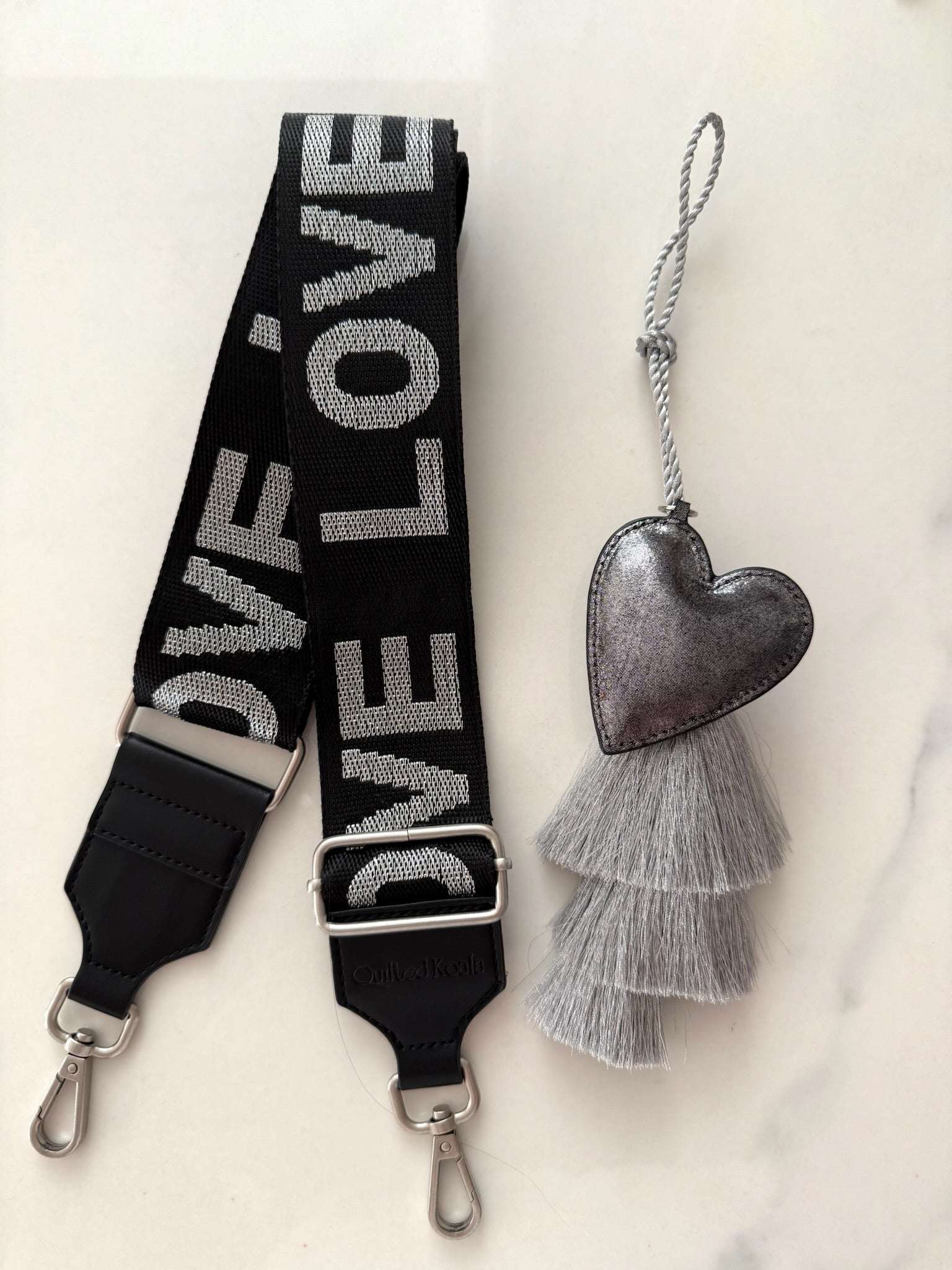 Accessory Bundle: Silver Tassel + Gunmetal Heart Charm + Black/Silver LOVE Strap - Quilted Koala