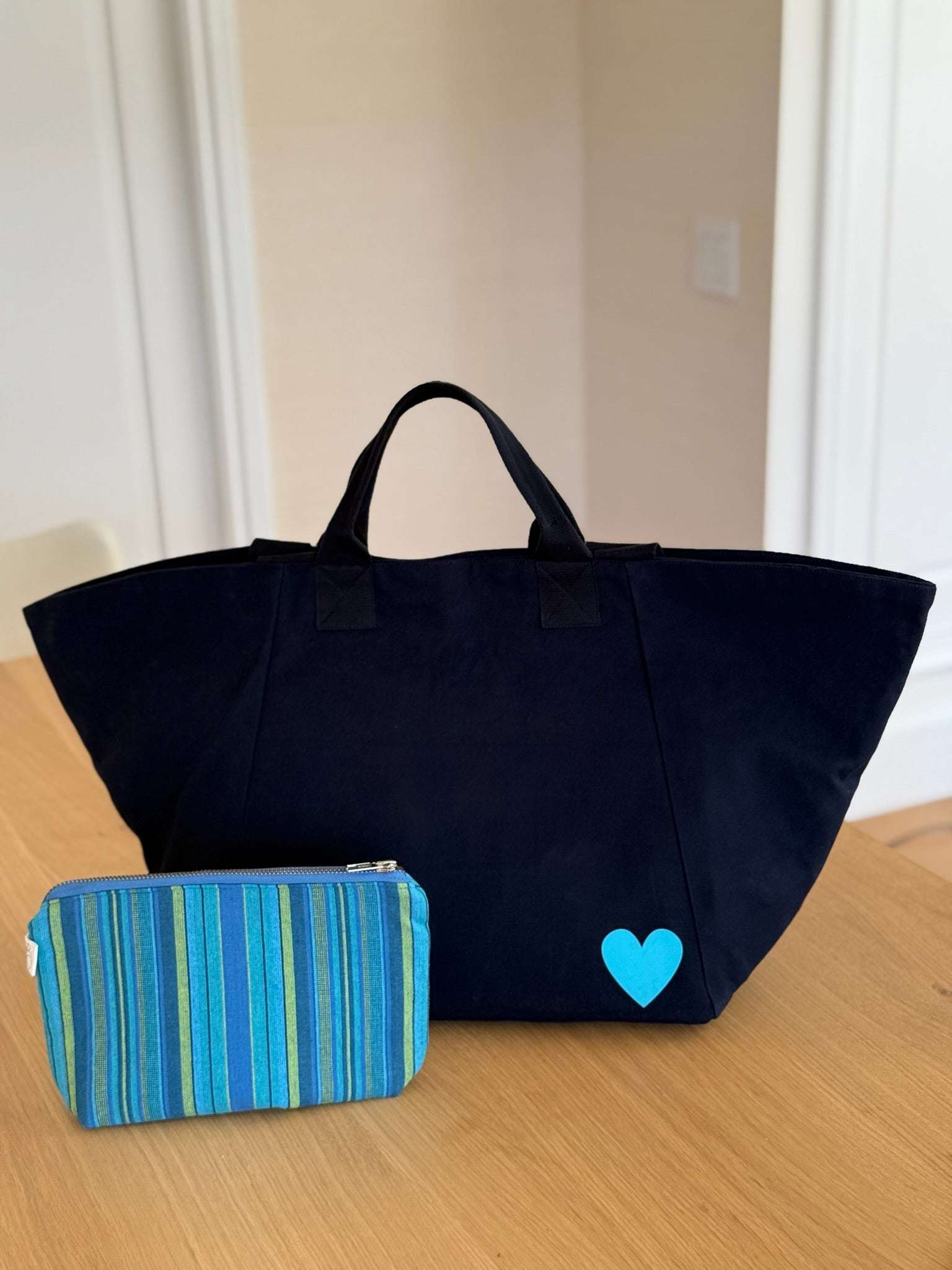 Stephanie's Spring Bundle: Navy Chelsea Bag with Capri Blue Petite Heart & Blue Happy Stripe Makeup Bag - Quilted Koala