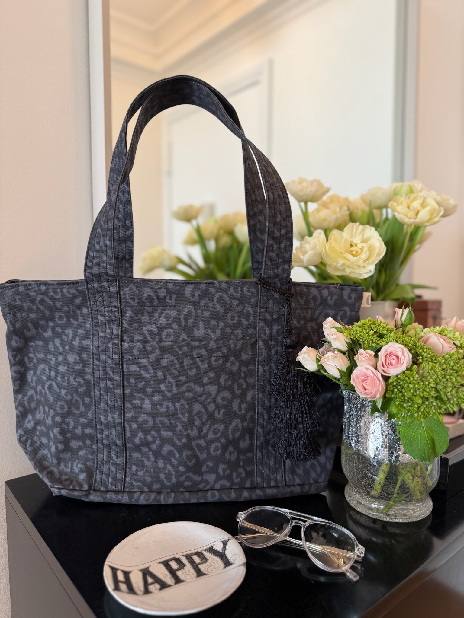 Black Leopard Midi Zipper Tote + FREE Black Tassel - Quilted Koala