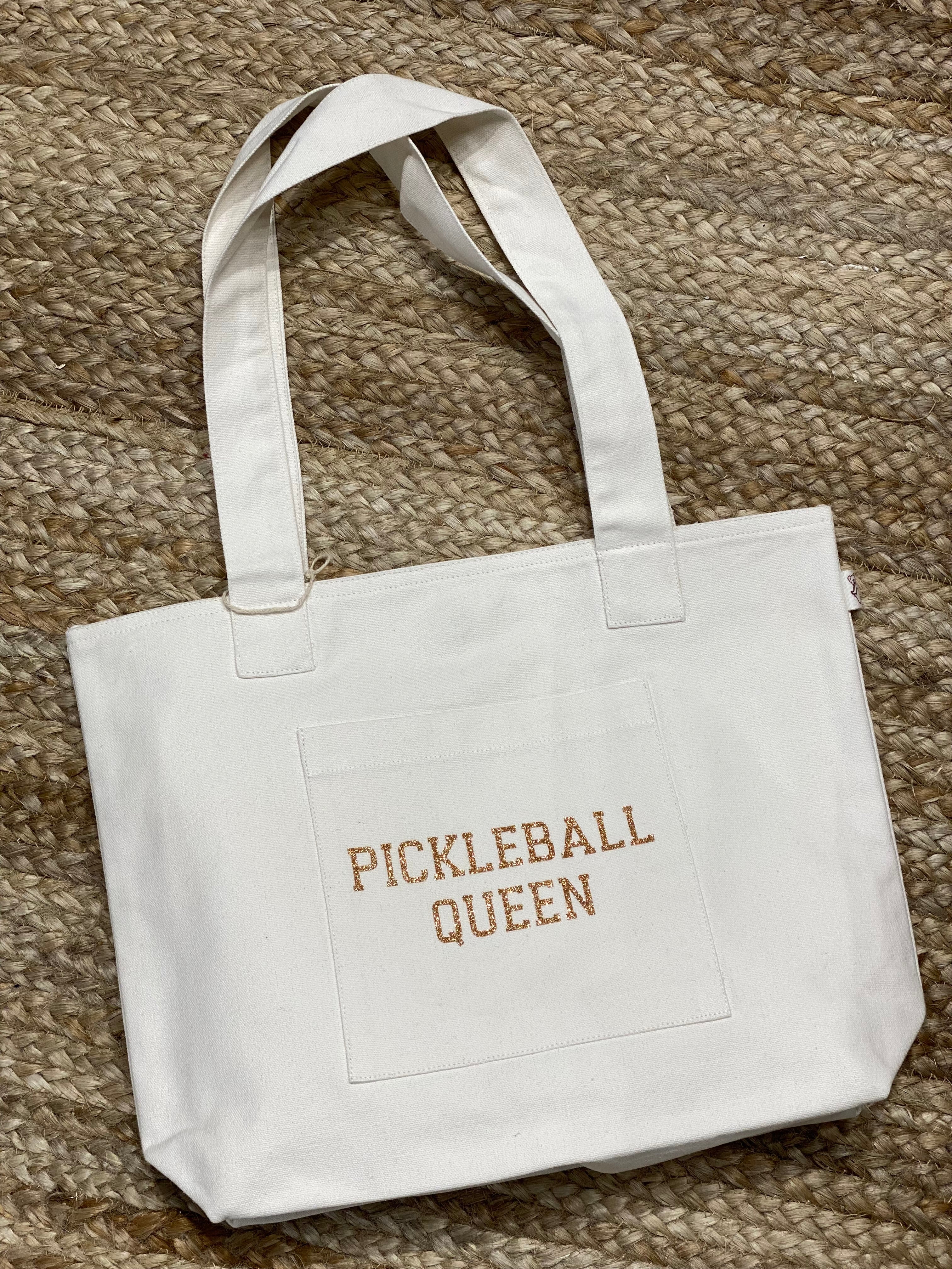 Midi Everything Bag - Natural with Gold Glitter Pickleball Queen - Quilted Koala