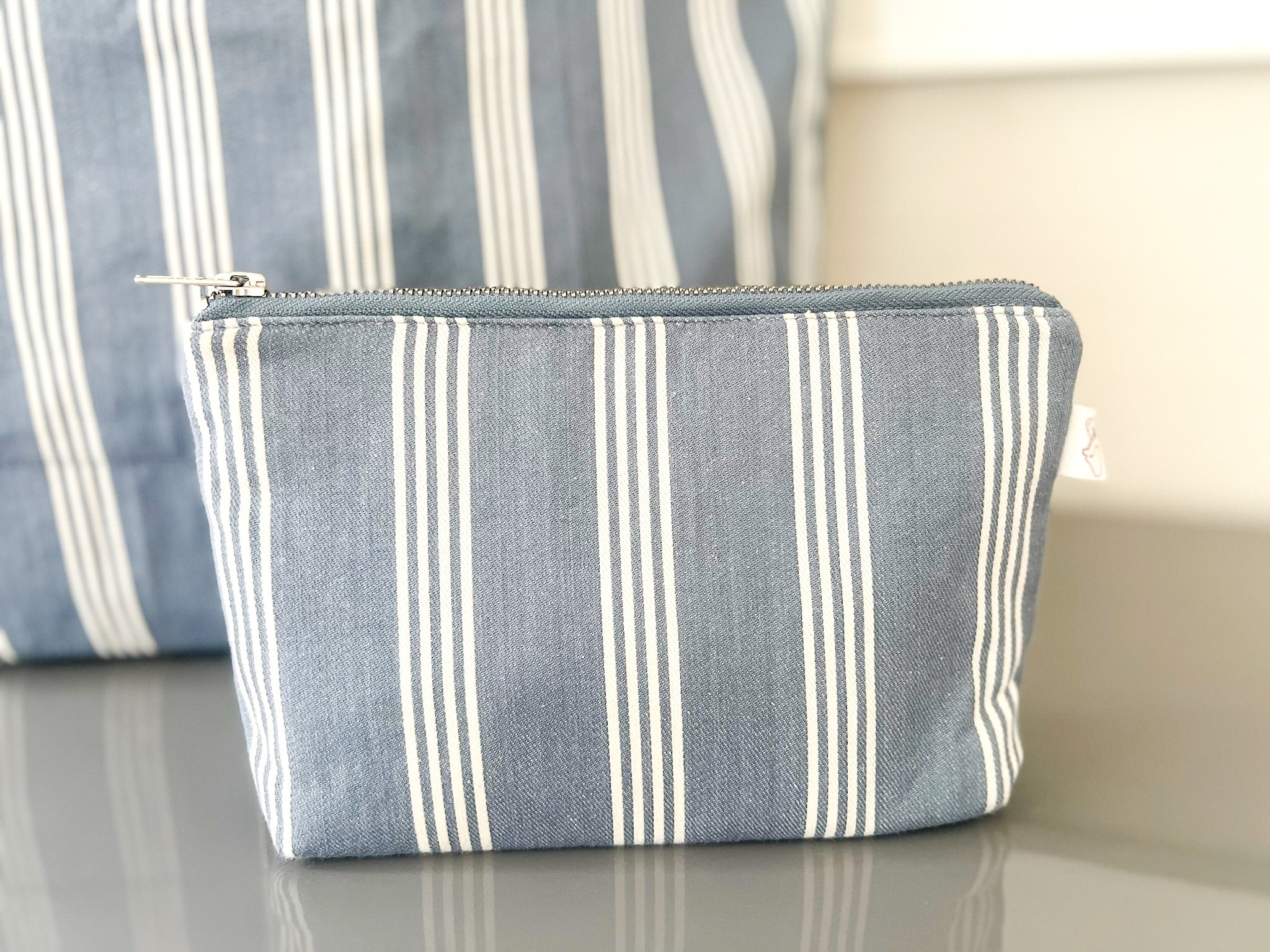 Koala Basics: Makeup Bag: Blue Ticking Stripe - Quilted Koala