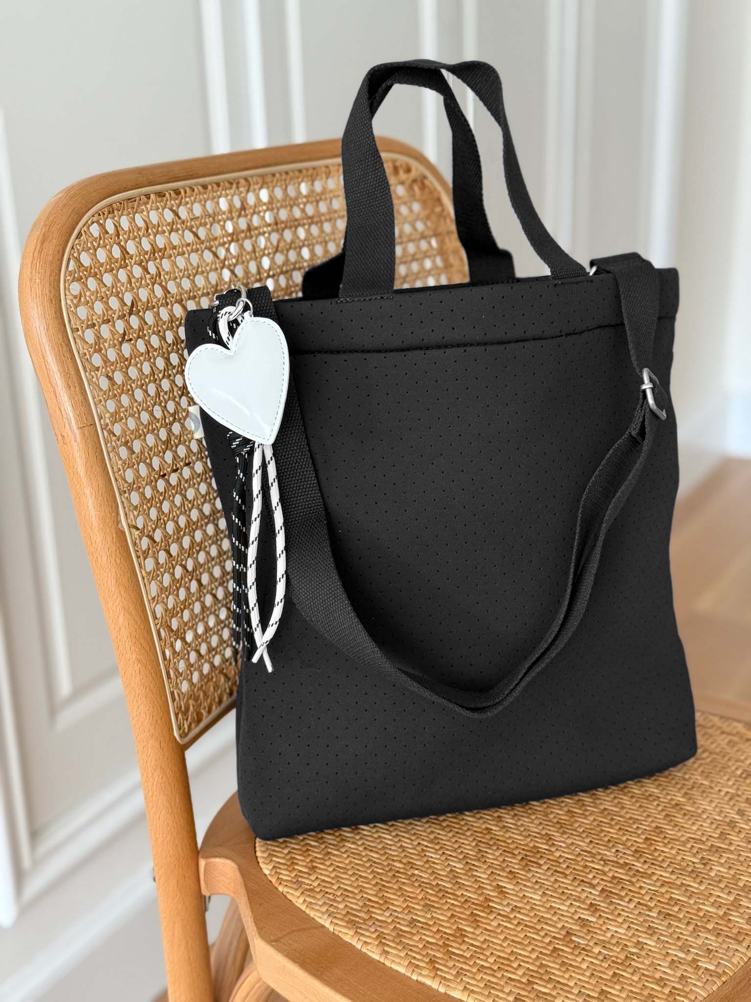 Black Neoprene Town Bag with Heart Paracord Charm - Quilted Koala