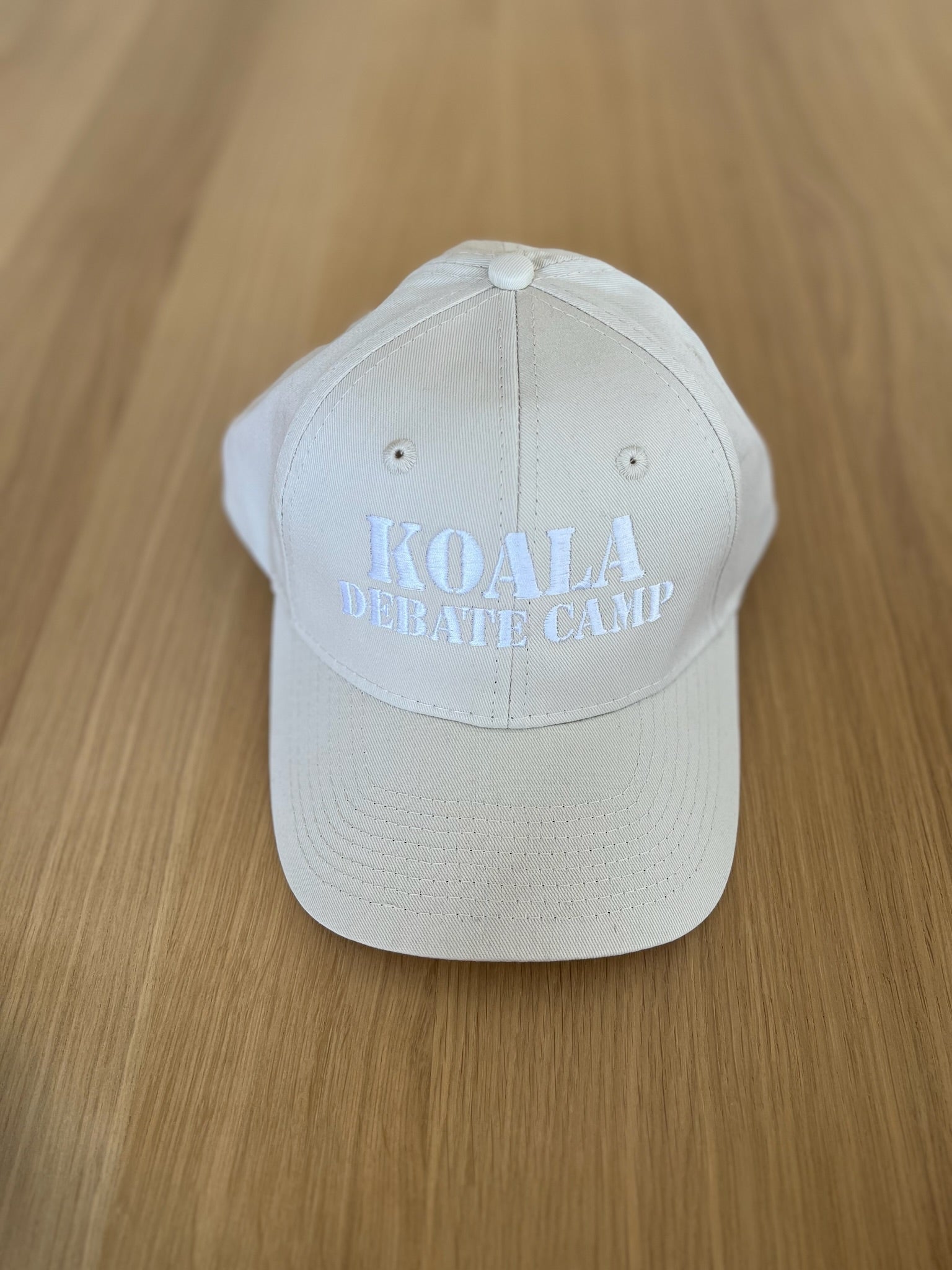SPECIAL PREORDER! Koala Baseball Caps - "KOALA DEBATE CAMP" in Sand & White - Quilted Koala