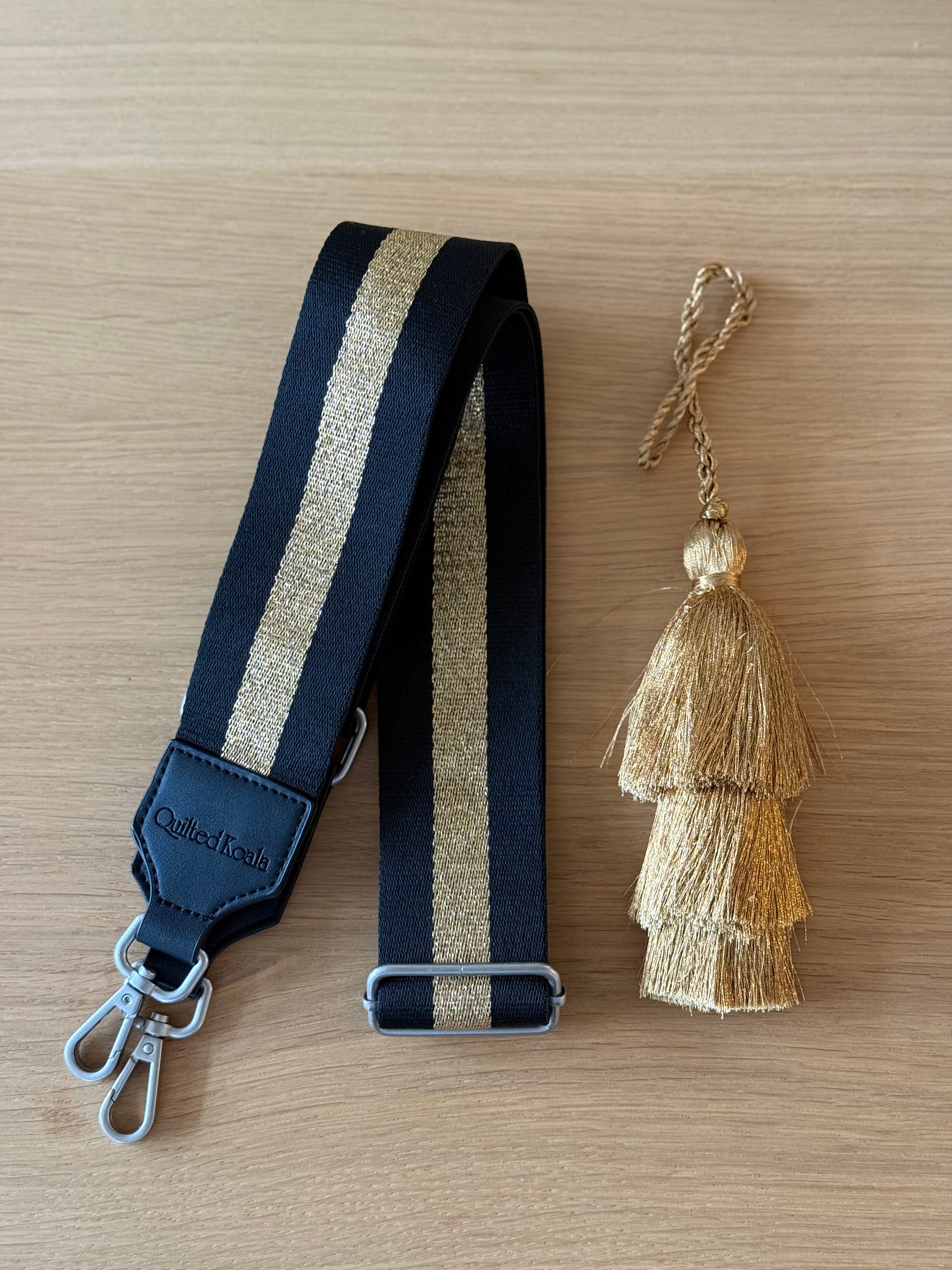 Accessory Bundle: Gold Tassel + Black/Gold Stripe Luxe Crossbody Strap - Quilted Koala