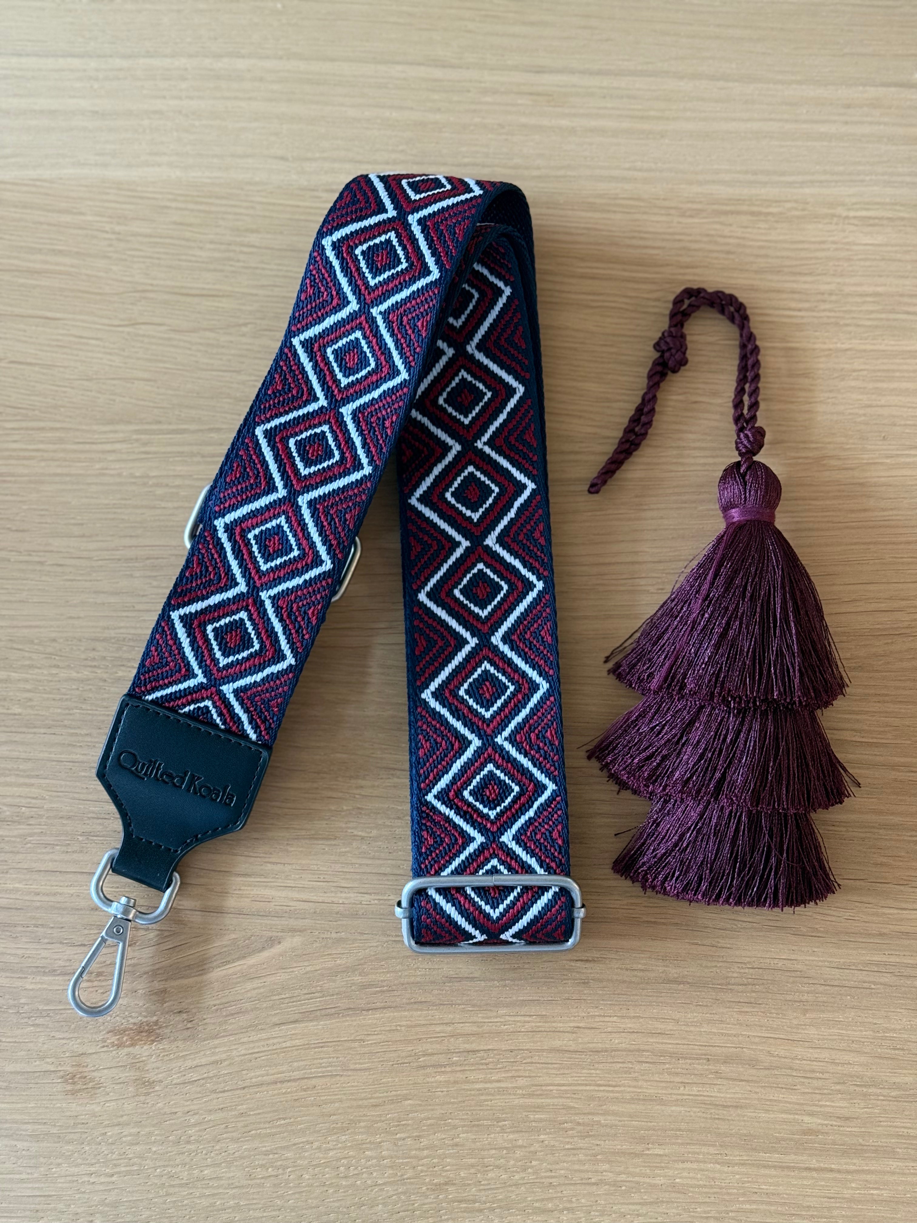 Accessory Bundle: Bordeaux Tassel + Navy/Wine Geometric Luxe Crossbody Strap - Quilted Koala