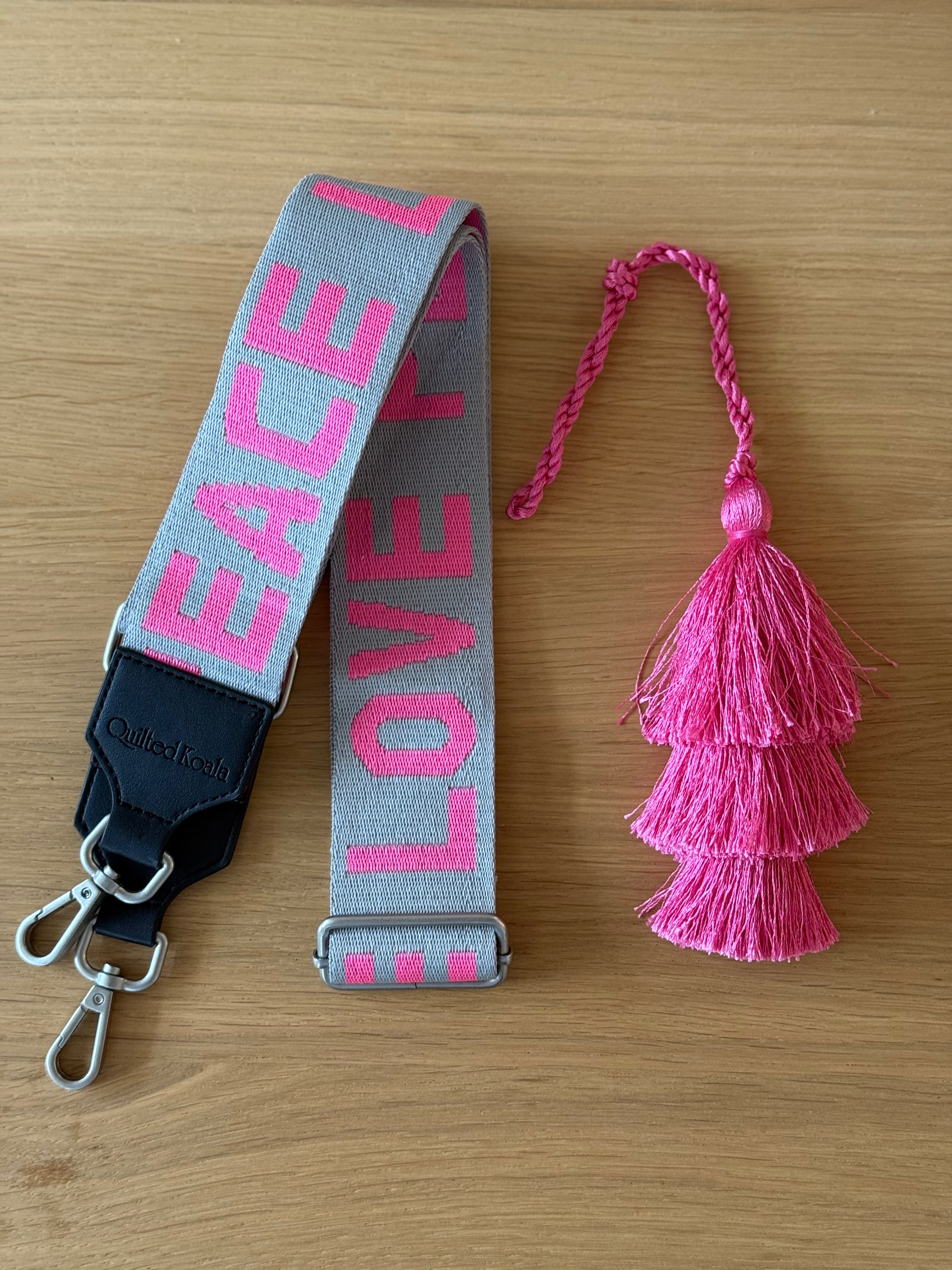 Accessory Bundle: Pink Tassel + Grey/Pink PEACE LOVE Luxe Crossbody Strap - Quilted Koala