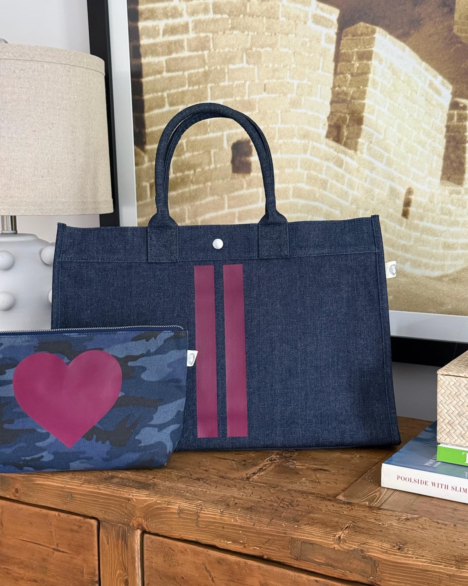 East West Bag: Denim with Wine Double Stripe - Quilted Koala