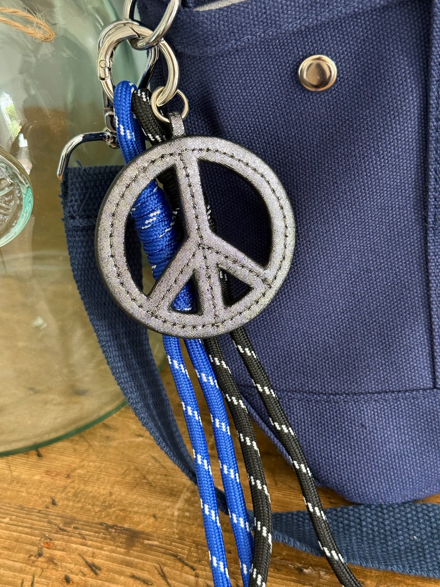 Paracord Bag Charm - Gunmetal Peace Charm with Blue & Black.