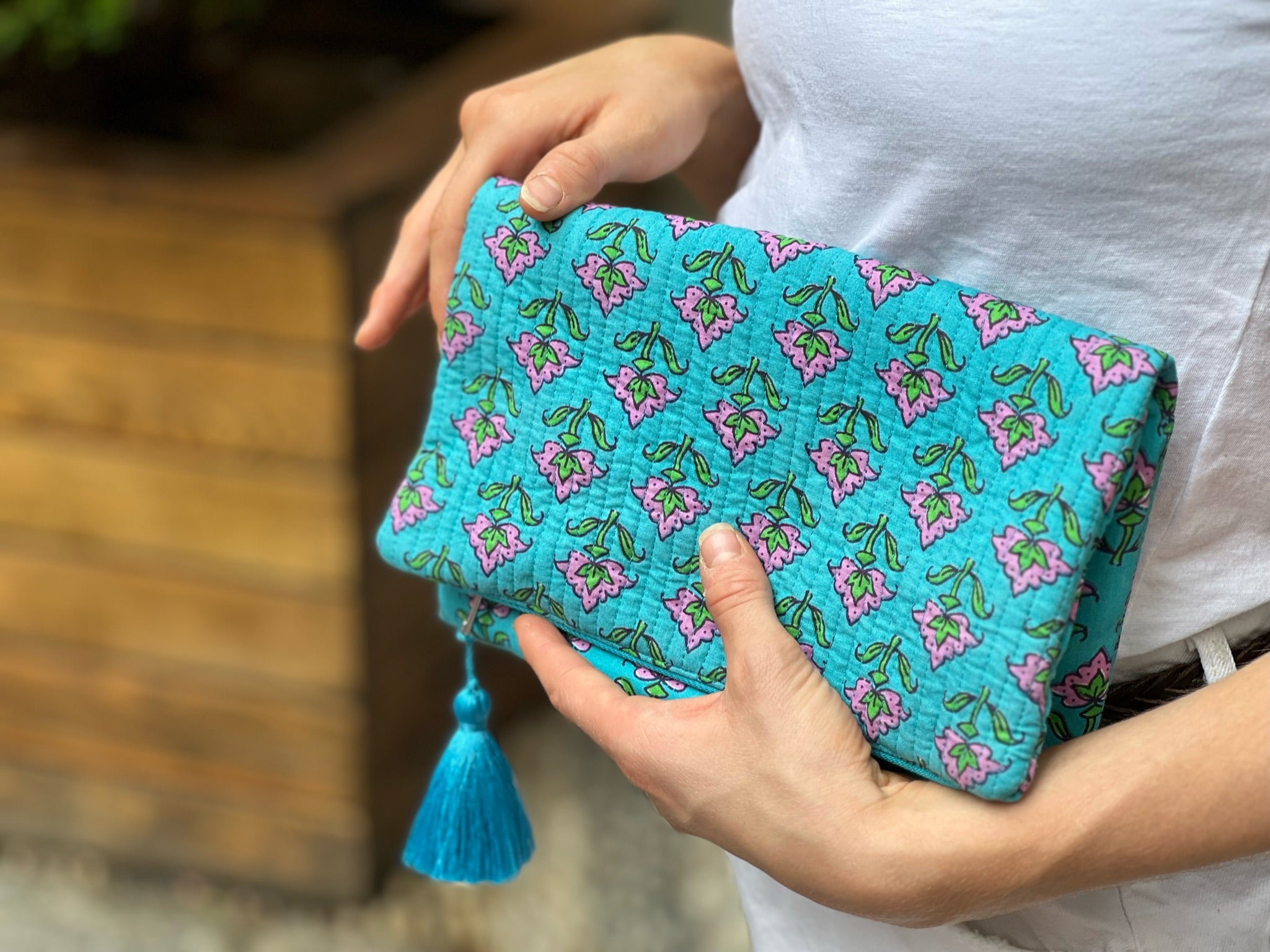 Foldover Clutch/ Travel Jewelry Organizer- Quilted Blue Floral - Quilted Koala