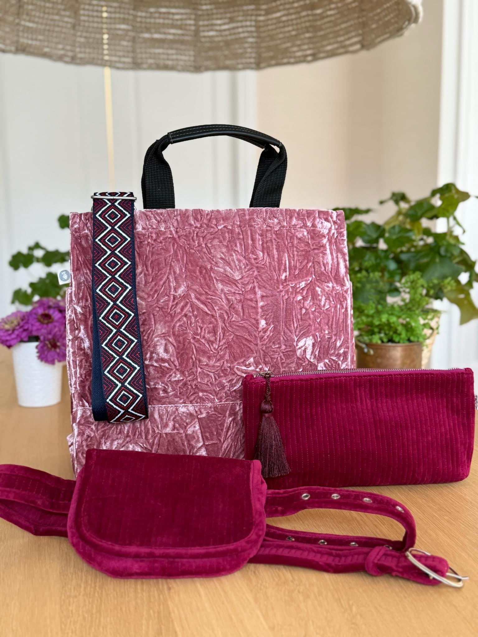 Pink Crushed Velvet Luxe North South Bag Gift Set - Quilted Koala