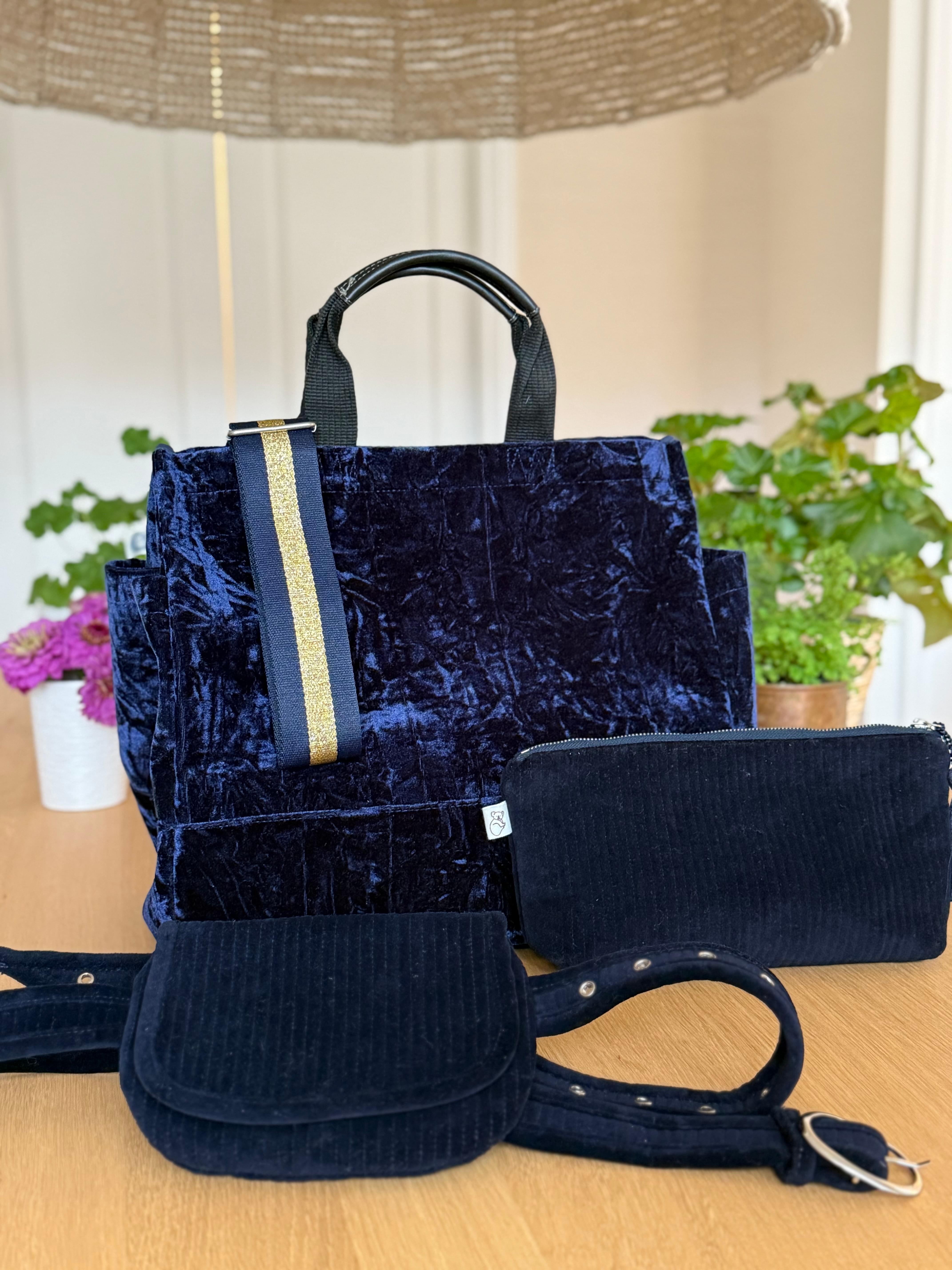 Navy Crushed Velvet Luxe North South Bag Gift Set - Quilted Koala