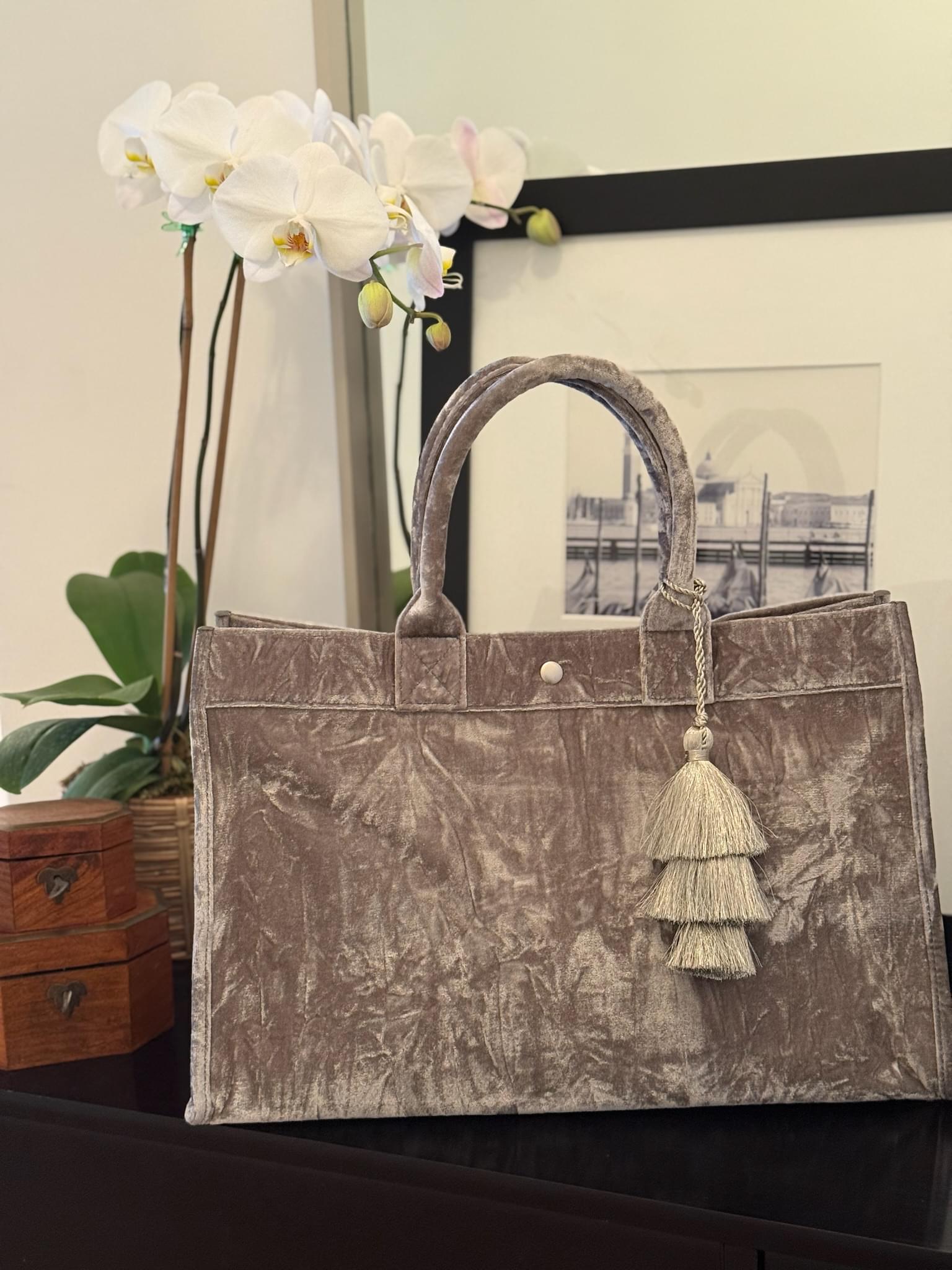 Grey Velvet East West Bag + FREE Tassel - Quilted Koala