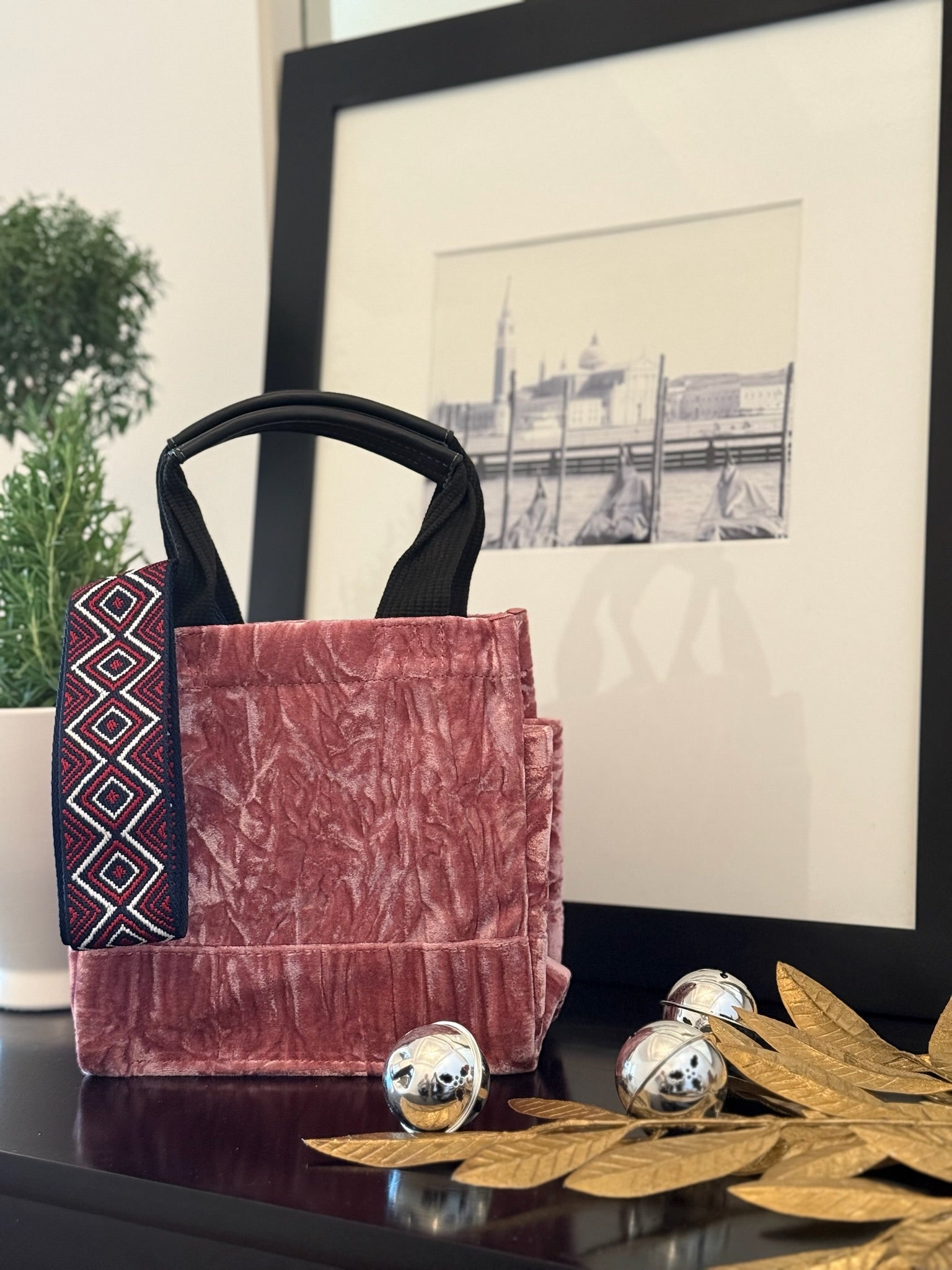 Pink Velvet Mini Luxe North South + FREE Navy/Wine Geo Strap - Quilted Koala