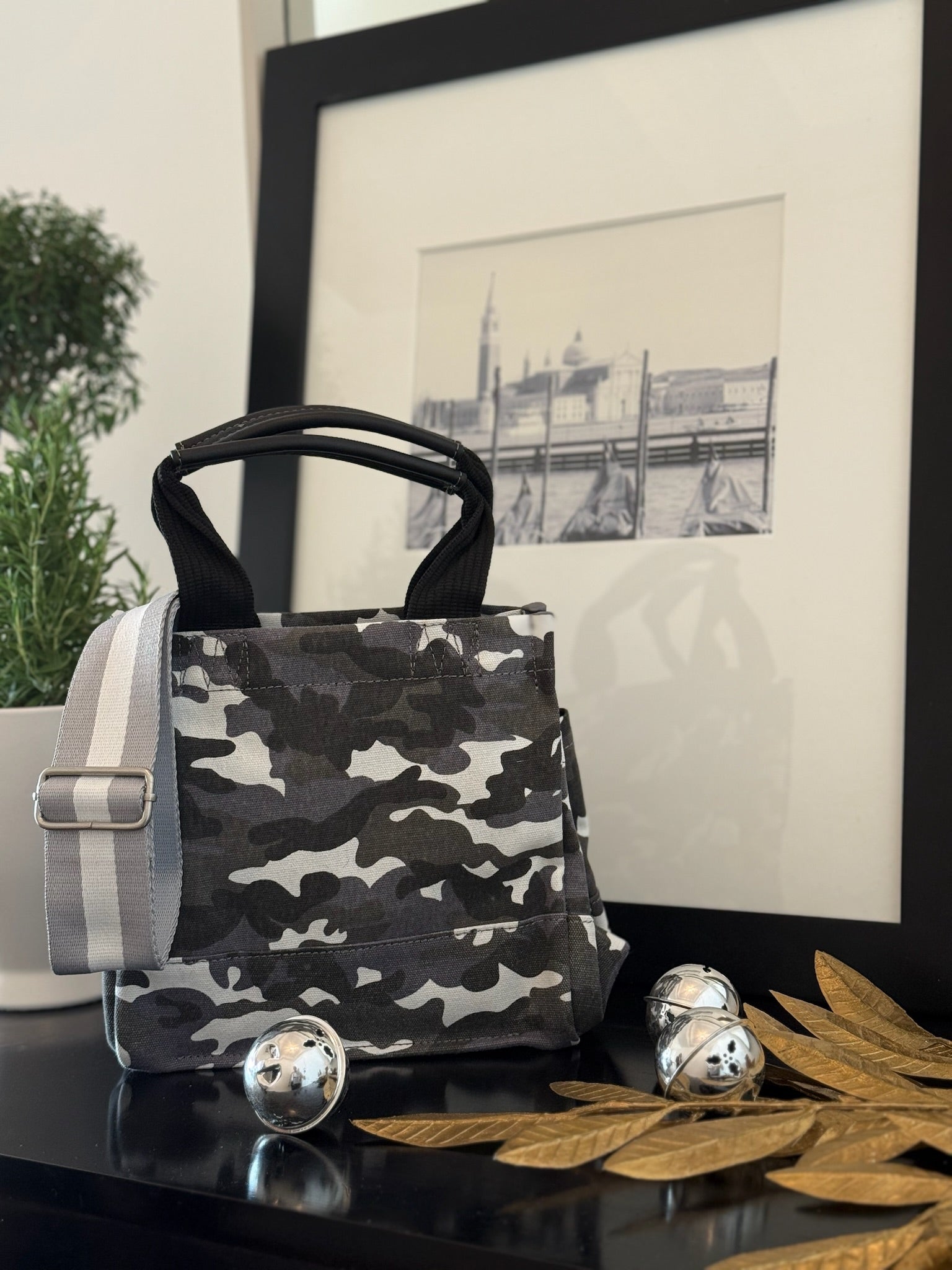 Grey Camo Mini Luxe North South + FREE Grey/White Stripe Strap - Quilted Koala