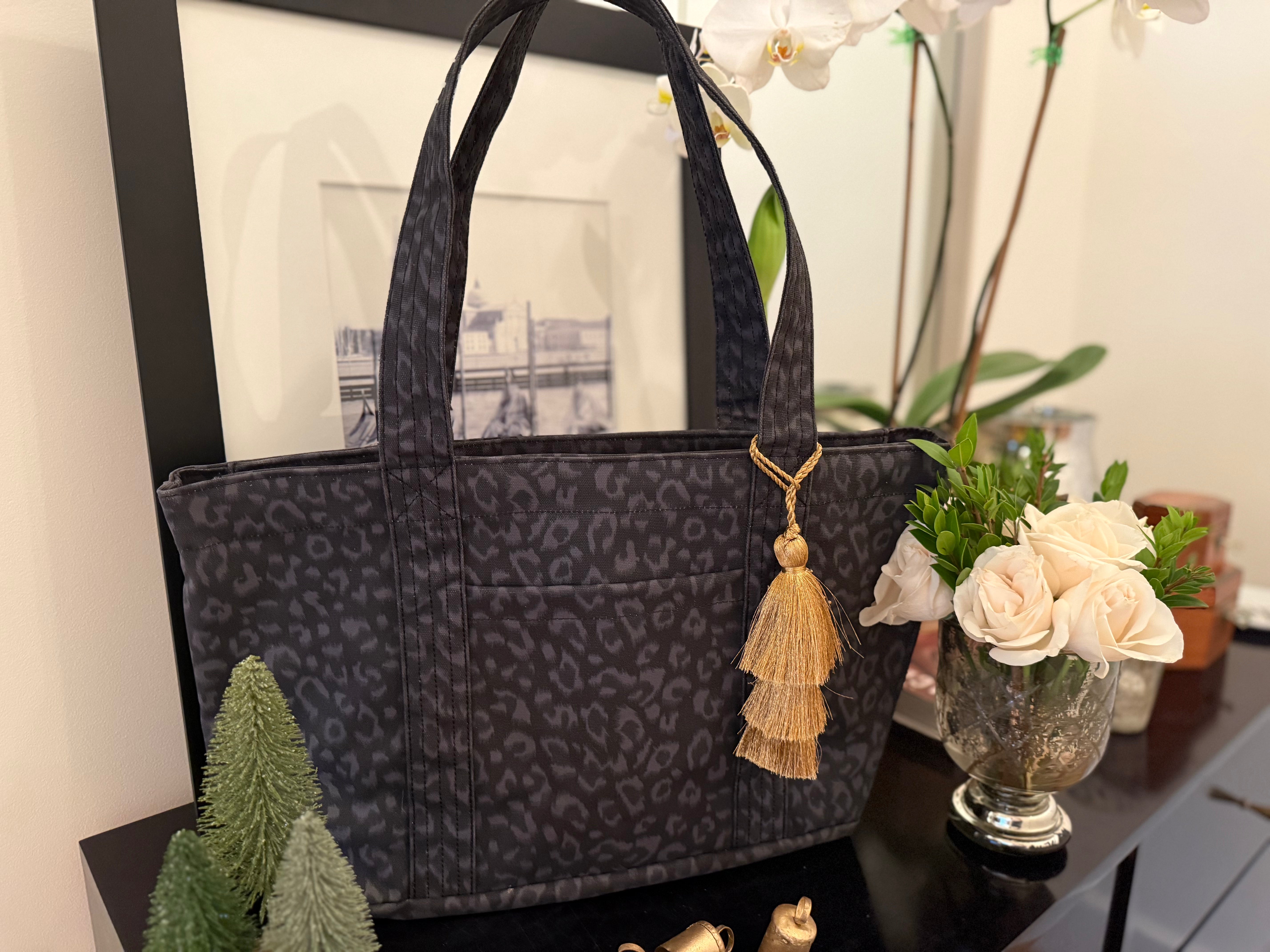 Black Leopard Midi Zipper Tote + FREE Gold Tassel - Quilted Koala