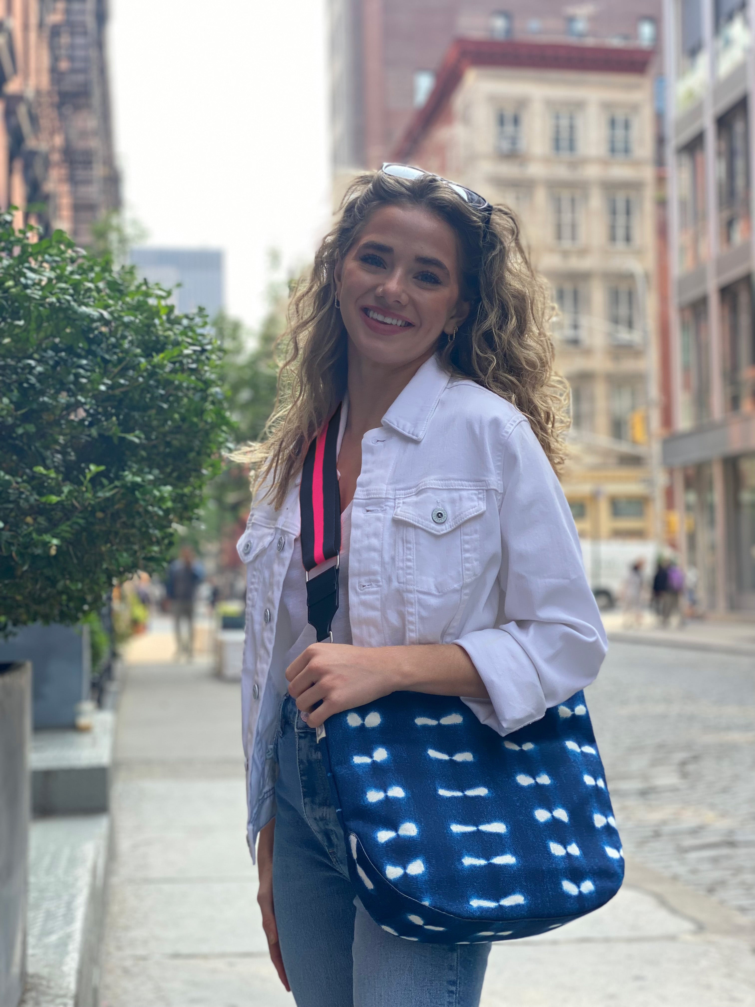 Blue Shibori City Bag with Navy and Pink Strap- ONLY $44 + FREE Strap ($118 value) - Quilted Koala