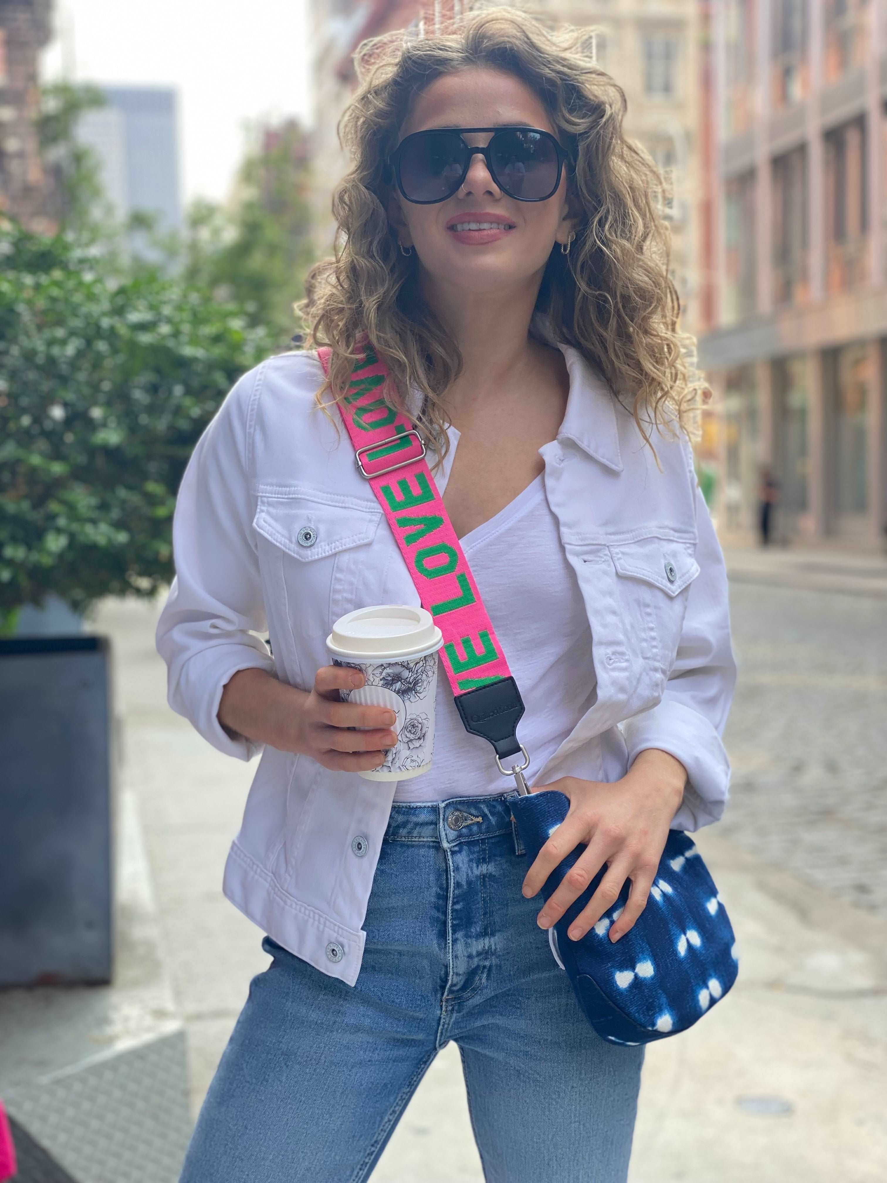 Blue Shibori Mini City Bag with Pink/Green LOVE Stripe Strap Only $28 - Quilted Koala