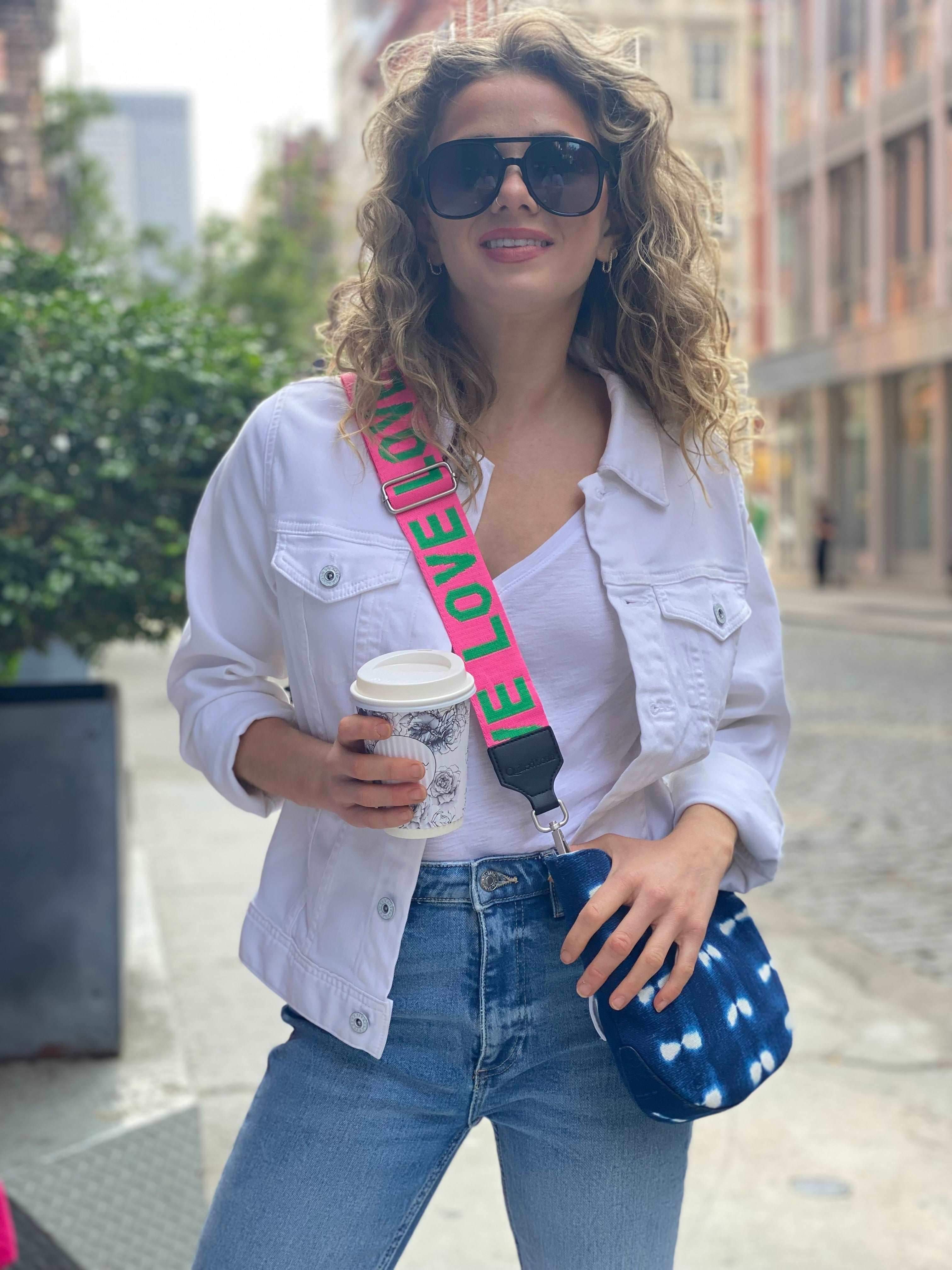 Blue Shibori Mini City Bag with Pink/Green LOVE Stripe Strap - Quilted Koala