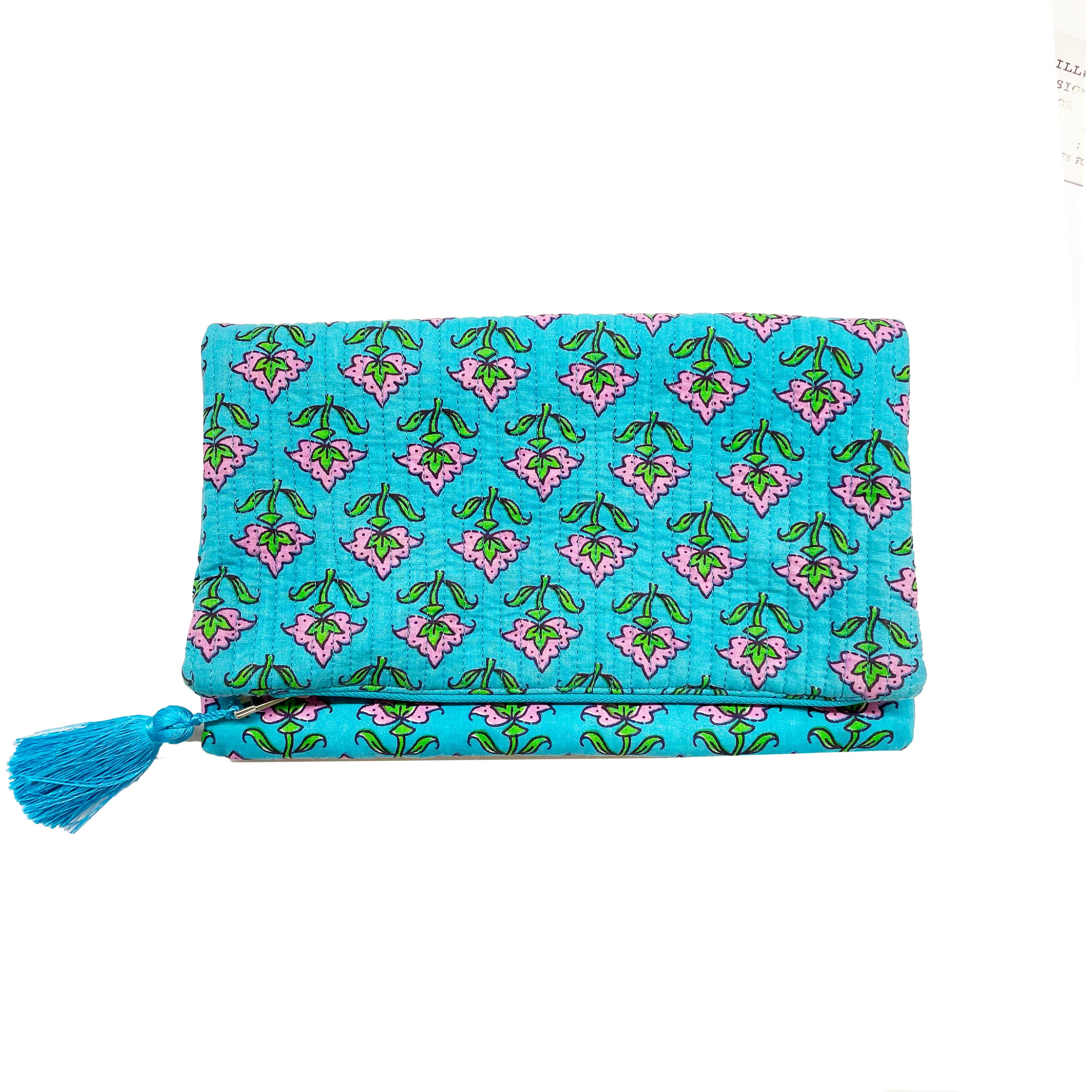 Foldover Clutch/ Travel Jewelry Organizer- Quilted Blue Floral - Quilted Koala