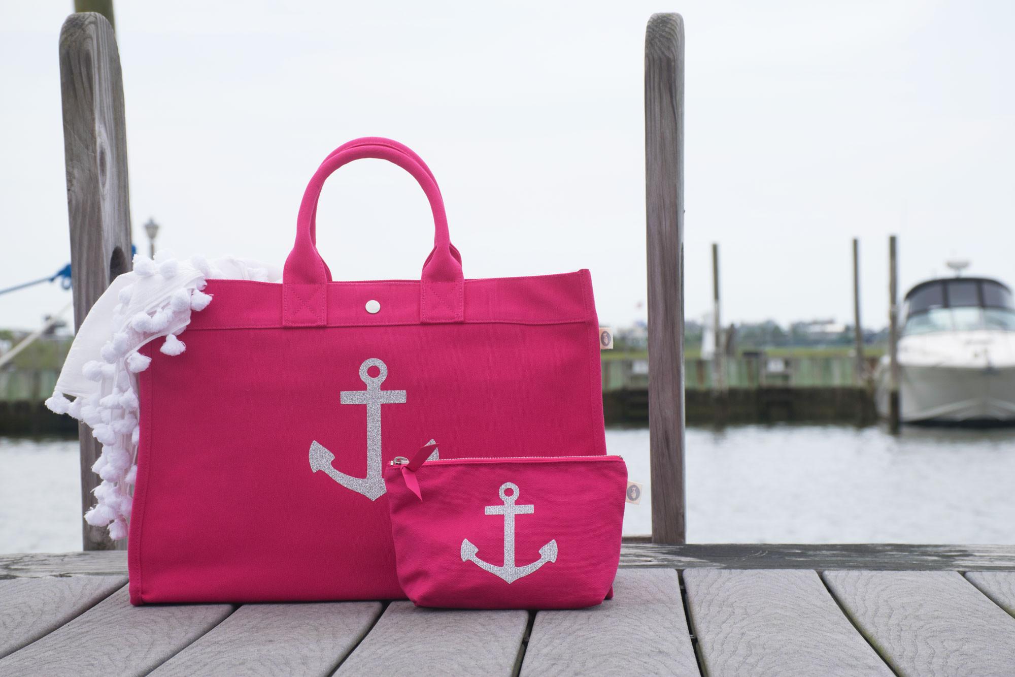 East-West Bag Hot Pink with Silver Anchor - Quilted Koala
